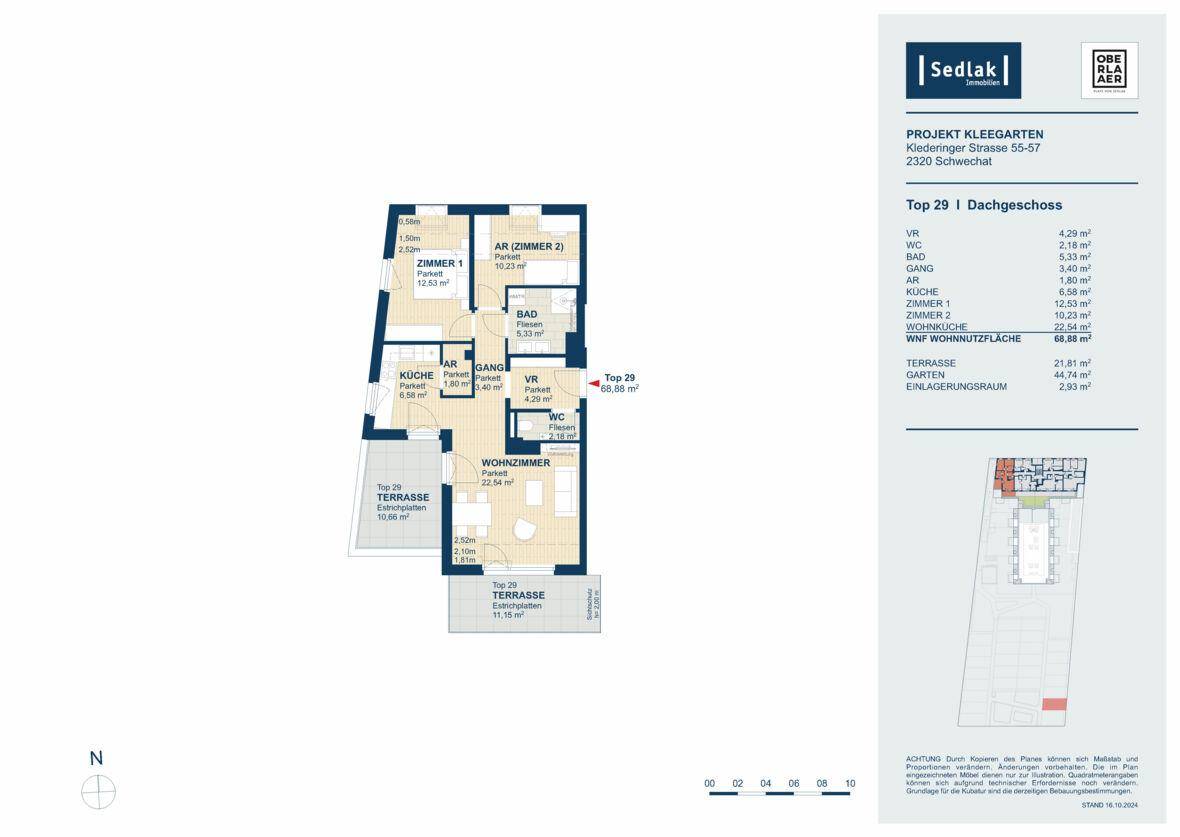 Grundriss der Dachgeschosswohnung Top 29 mit zwei Terrassen und effizienter Raumaufteilung.