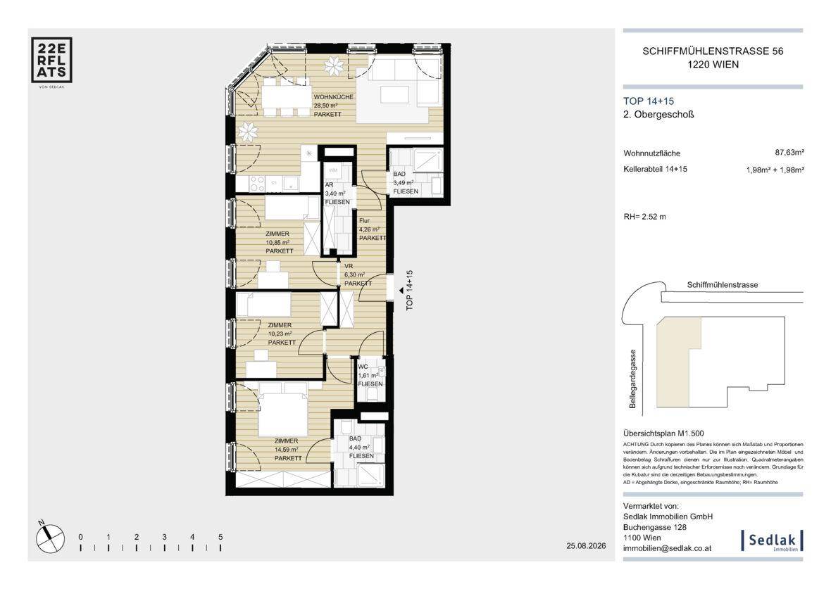 Grundriss einer Wohnung mit offener Wohnküche, drei Schlafzimmern, zwei Bädern und separatem WC.