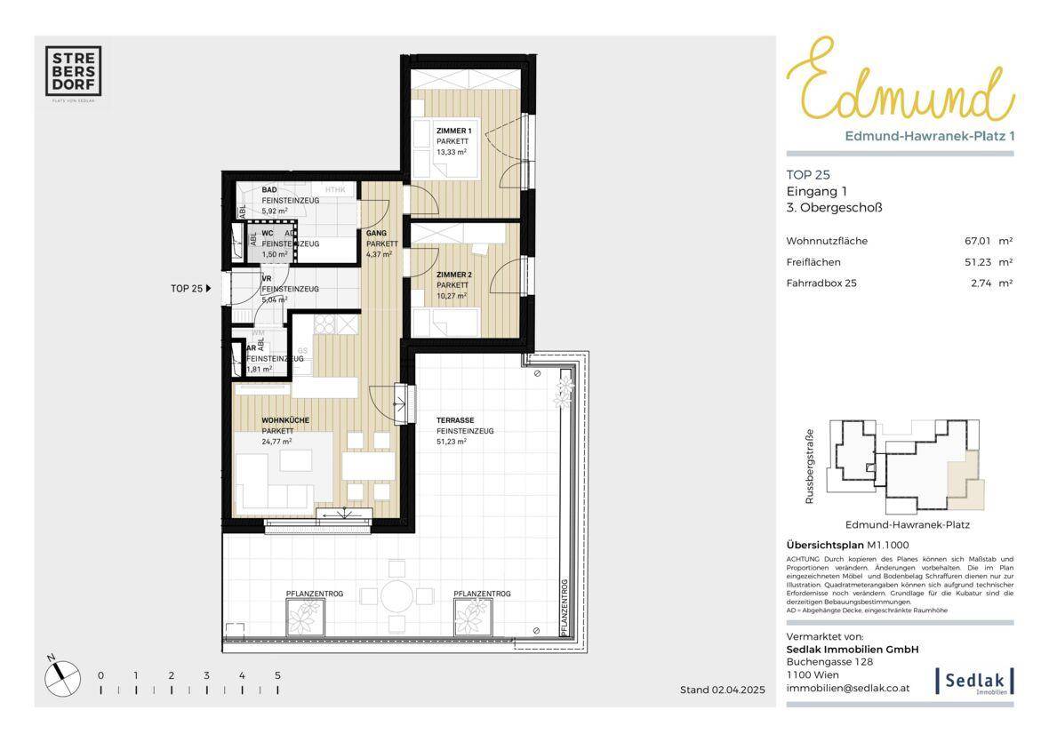 Detaillierter Grundriss einer Wohnung mit zwei Schlafzimmern, Wohnbereich und großer Terrasse.