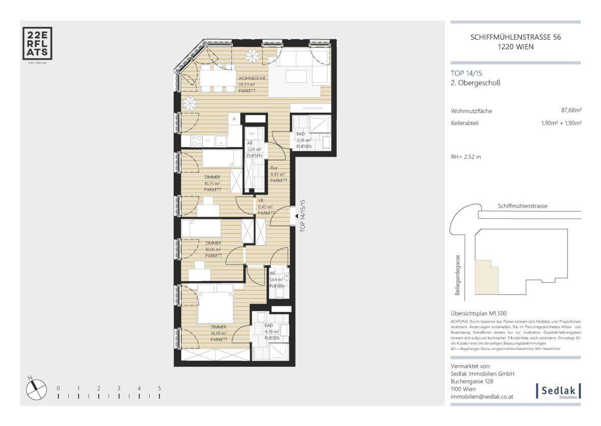 Grundriss einer Wohnung im 2. Obergeschoss mit drei Schlafzimmern und offenem Wohnbereich.
