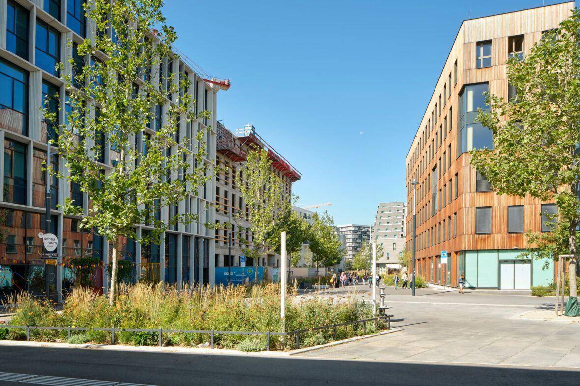 Moderne Gebäude mit unterschiedlichen Fassadenmaterialien und begrünten Wegen in einer städtischen Entwicklung.