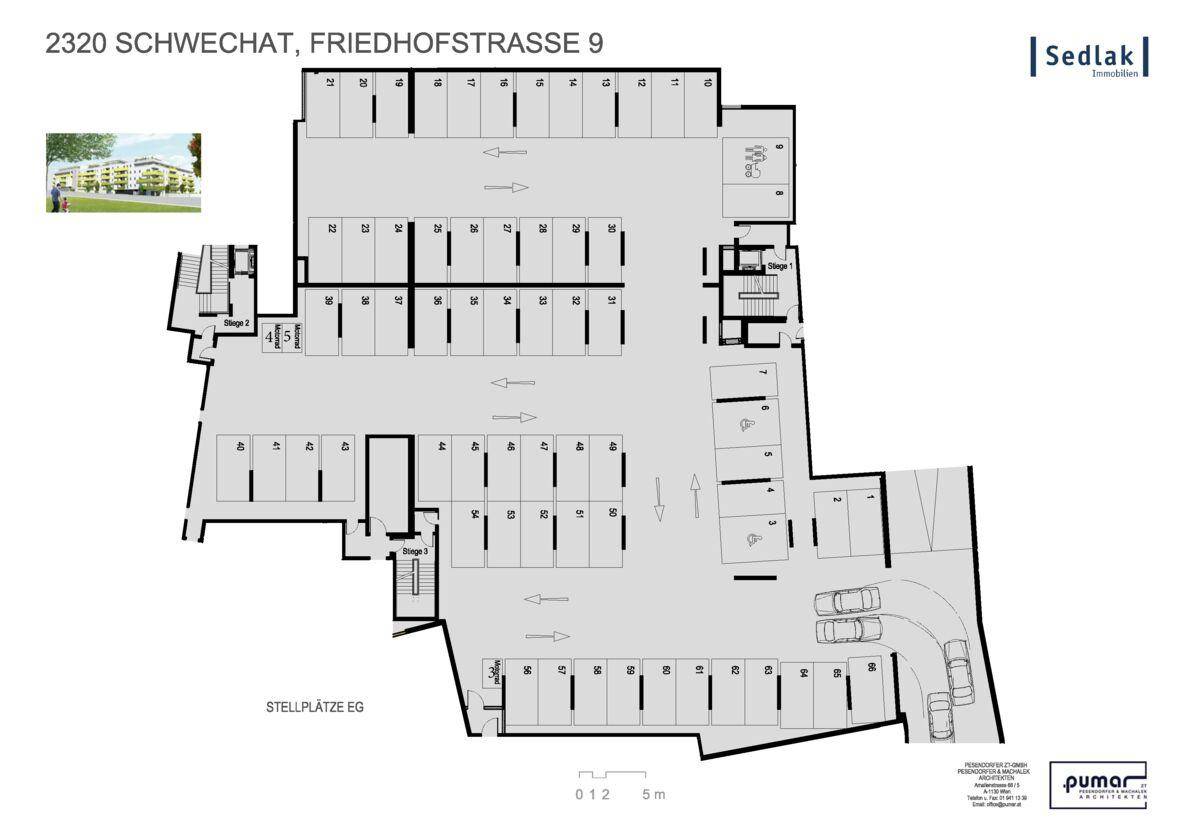 Grundrissplan der Stellplätze im Erdgeschoss mit Zufahrtswegen und zahlreichen nummerierten Parkbuchten.