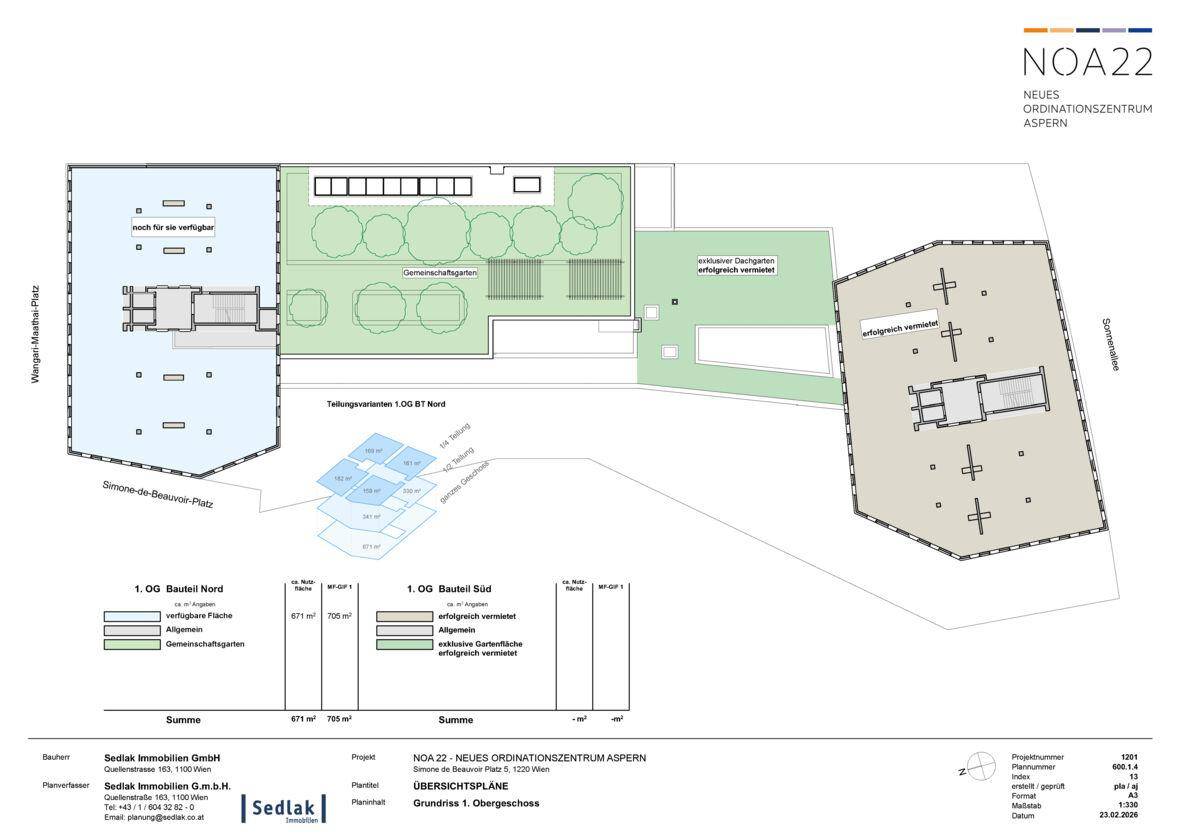 Grundriss des ersten Obergeschosses mit einem Gemeinschaftsgarten und verschiedenen Nutzungsbereichen.