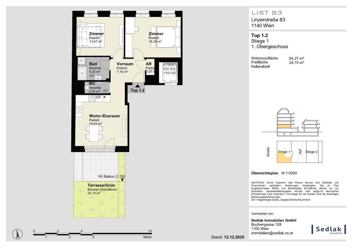 Grundriss einer Wohnung mit zwei Zimmern, offenem Wohn-Essbereich und großer Terrasse.