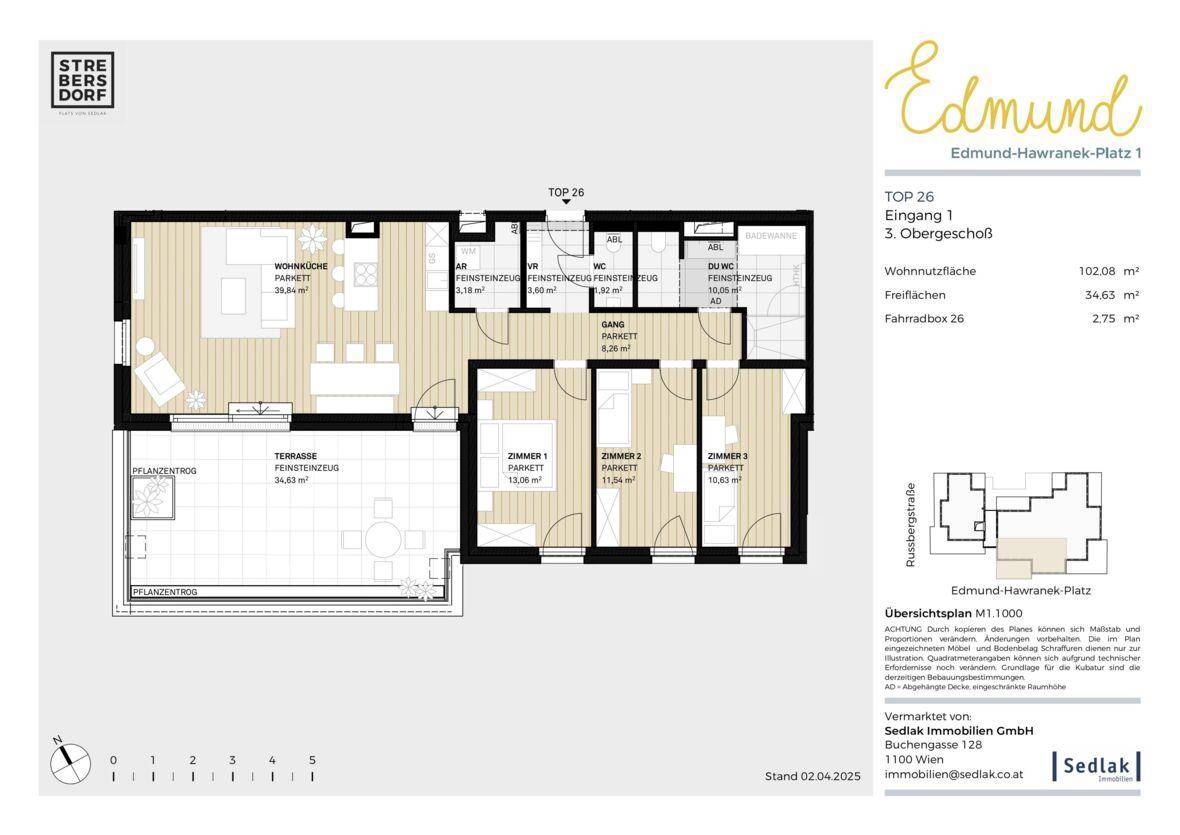 Grundriss einer modernen Wohnung mit offener Wohnküche, drei Zimmern, zwei Bädern und großer Terrasse.