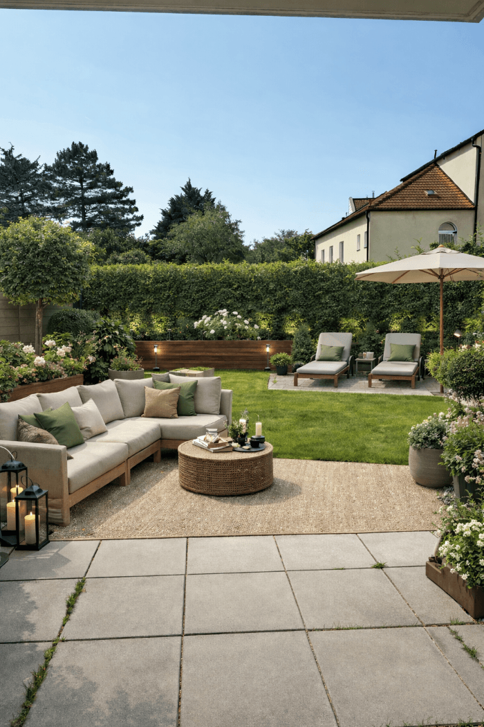 Gepflegter Garten mit großer Terrasse, bequemen Loungemöbeln und üppiger Bepflanzung.