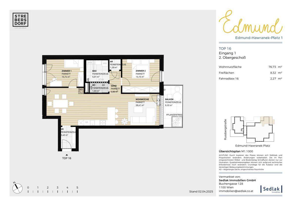 Grundriss einer modernen Wohnung mit offener Wohnküche, zwei Schlafzimmern und Balkon.