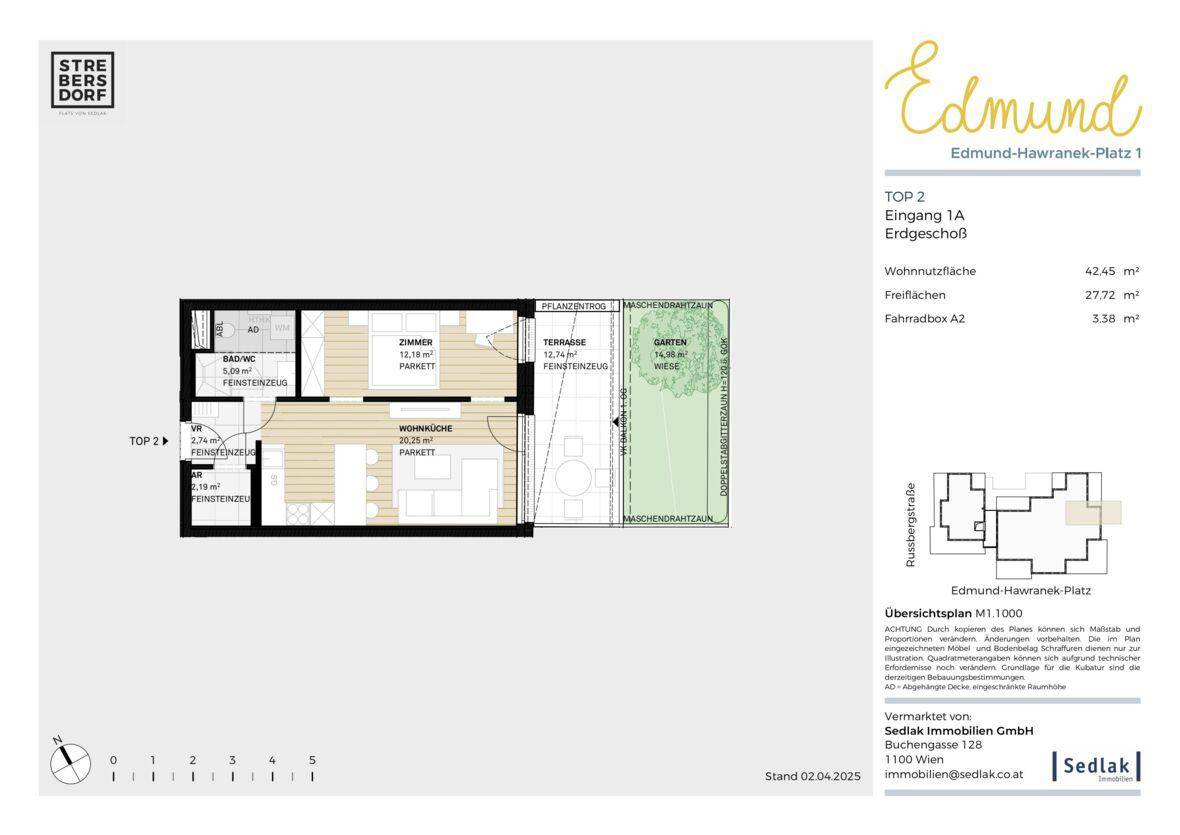 Grundriss einer Erdgeschosswohnung mit Wohnküche, Zimmer, Bad, separatem WC, Terrasse und eigenem Gartenbereich.