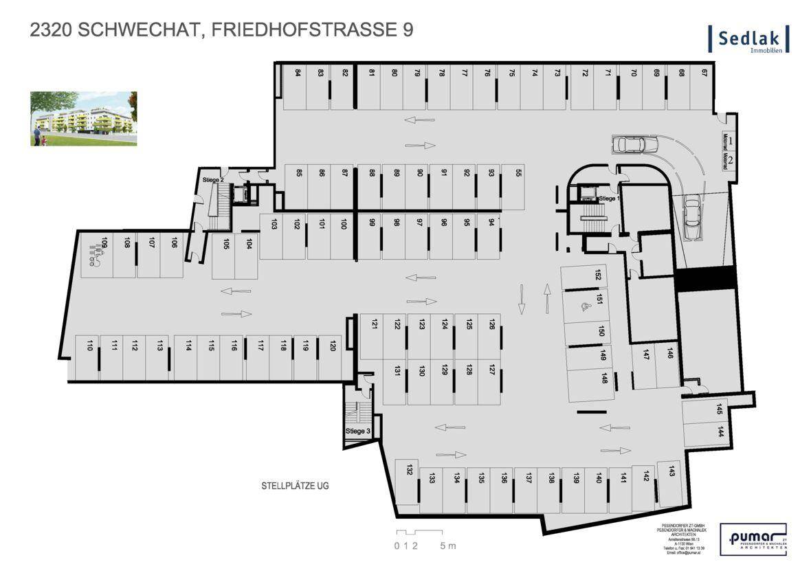 Grundrissplan der Tiefgaragenstellplätze im Untergeschoss mit nummerierten Parkbuchten und Zufahrtswegen.