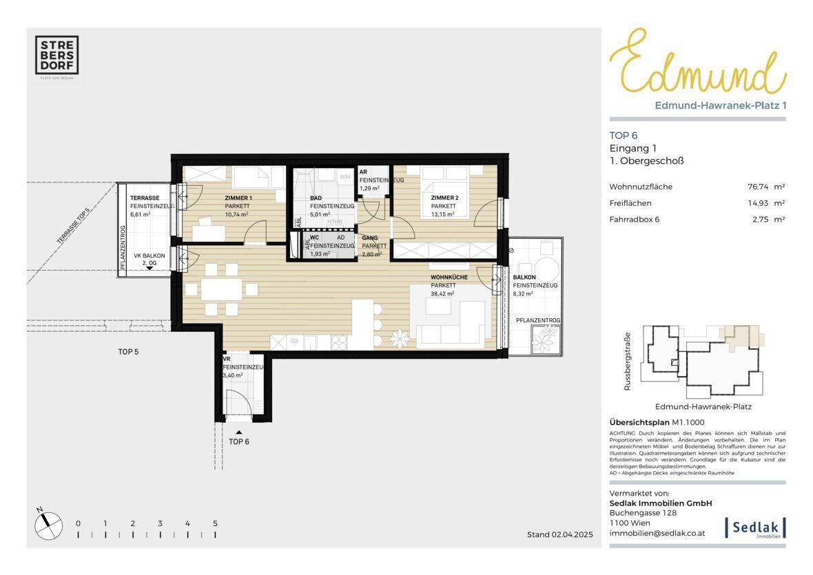 Detaillierter Grundriss einer Wohnung mit zwei Schlafzimmern, offenem Wohnbereich, Balkon und Terrasse.