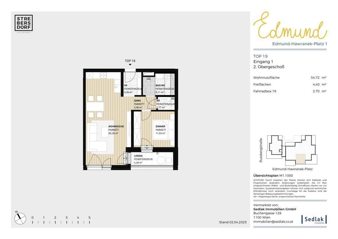 Grundrissplan für eine Wohnung im zweiten Obergeschoss mit Wohnküche, Zimmer, Loggia und separatem WC.