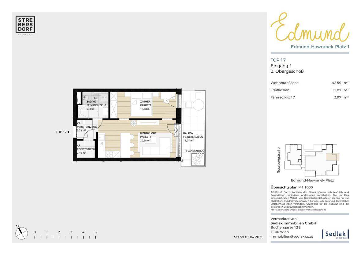 Grundriss einer Wohnung mit Wohnküche, Schlafzimmer und Balkon, Gesamtfläche 42,59 m².