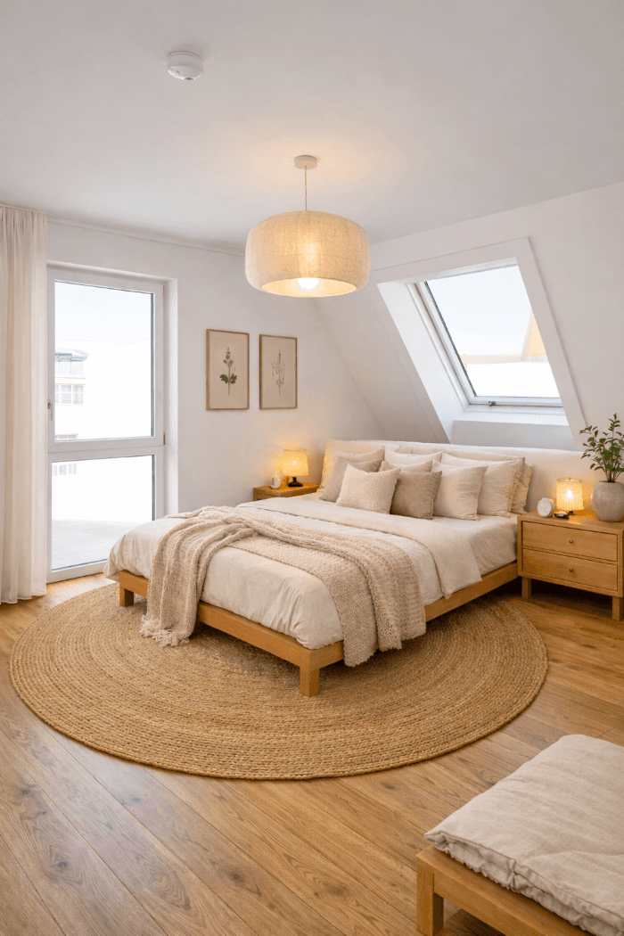 Helles Schlafzimmer mit Holzbett, Eichenparkett und Dachfenster für viel Tageslicht.