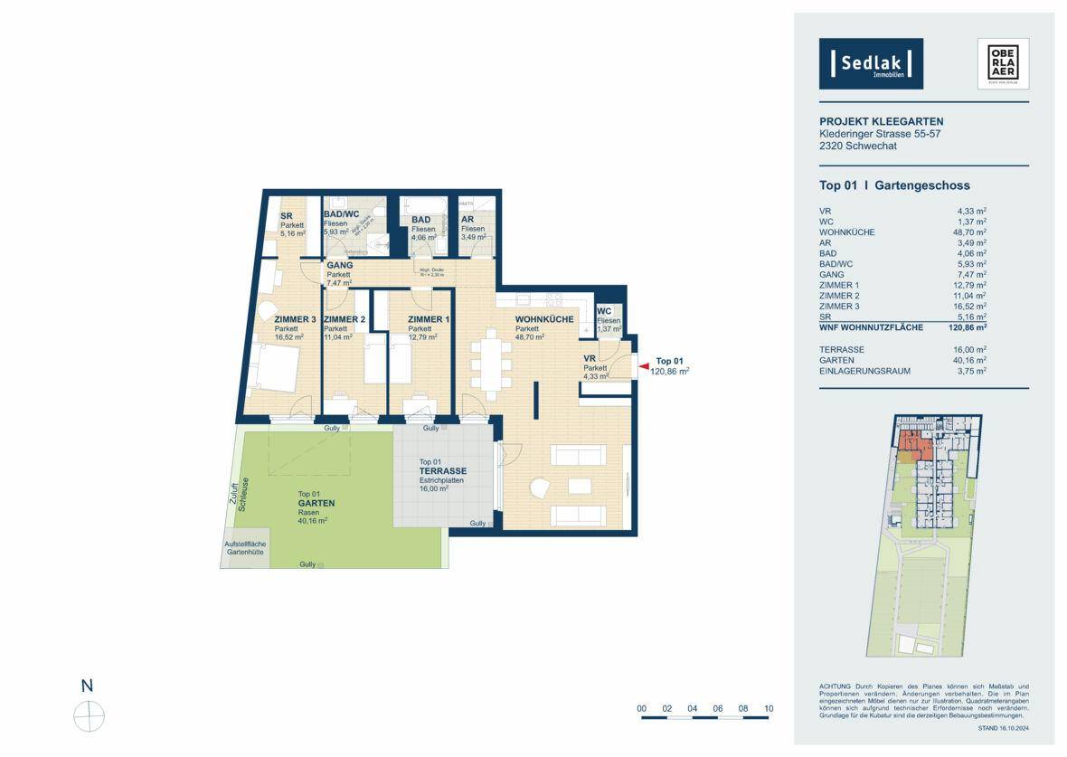 Grundriss der Wohnung Top 01 im Gartengeschoss mit drei Zimmern, Terrasse und privatem Garten.