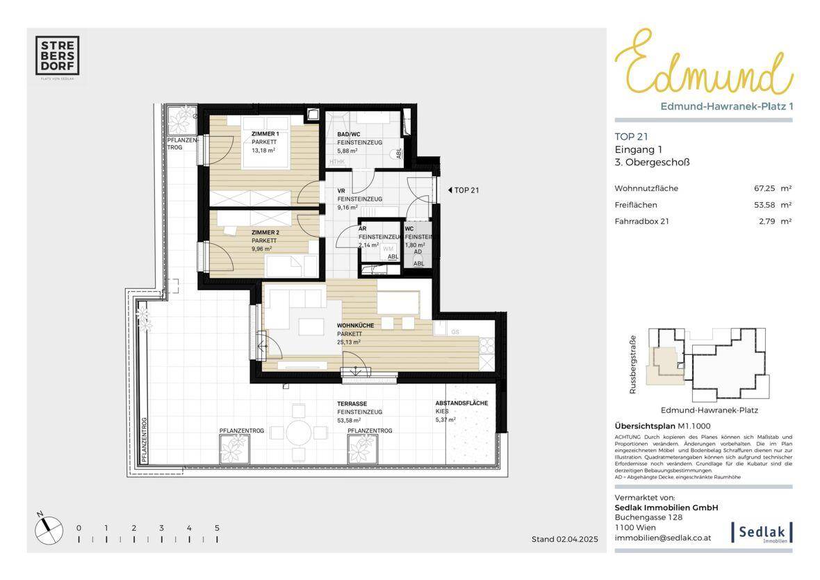 Detaillierter Grundriss einer Wohnung mit zwei Schlafzimmern, Terrasse und Abstellflächen.
