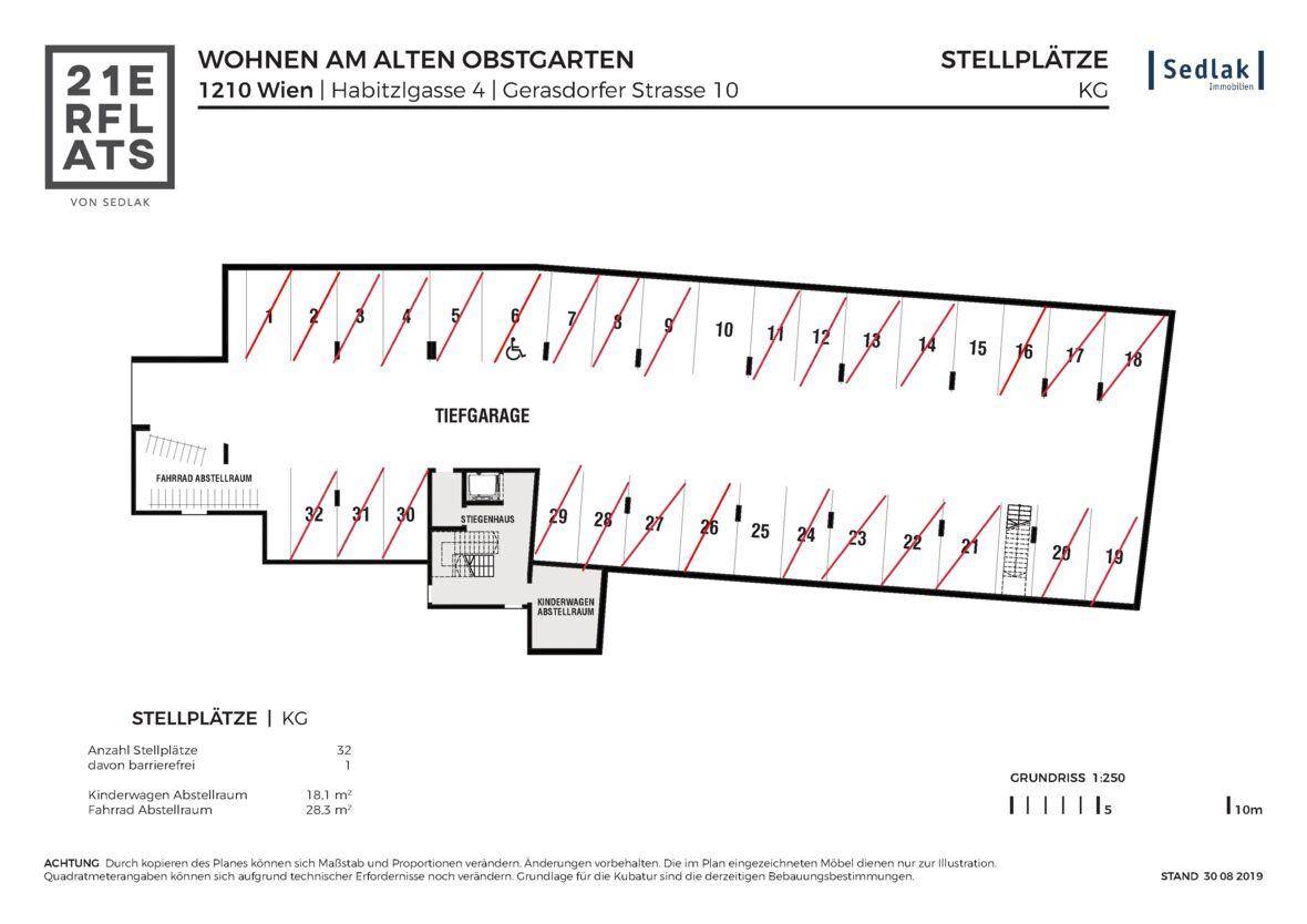 Detaillierter Grundriss einer Tiefgarage mit 32 Stellplätzen und Fahrradabstellraum.
