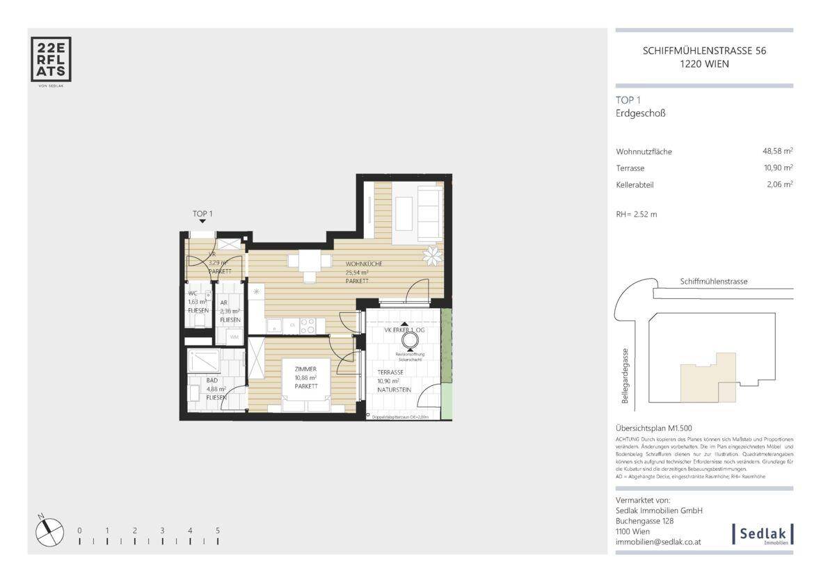 Grundrissplan einer Erdgeschosswohnung mit Terrasse, Wohnküche und separatem Zimmer.