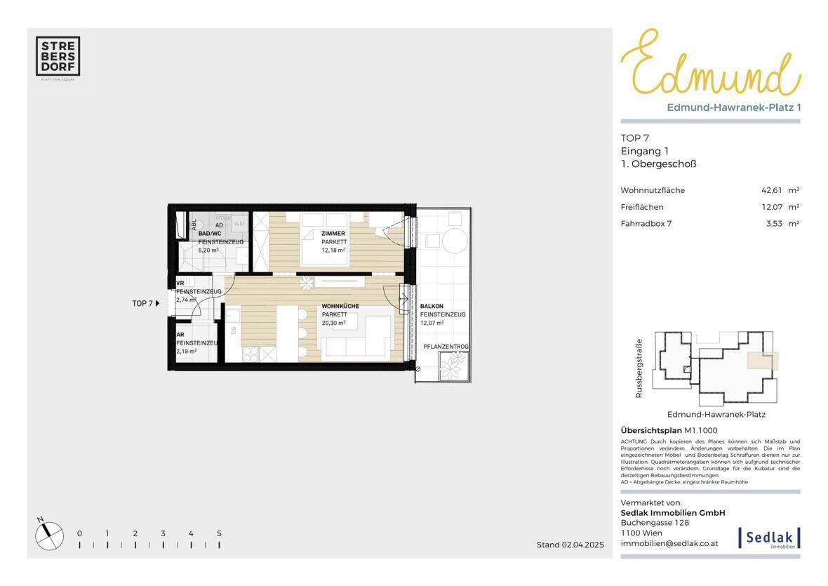 Detaillierter Grundriss einer modernen Wohnung mit offener Wohnküche, Schlafzimmer, Bad und großem Balkon.