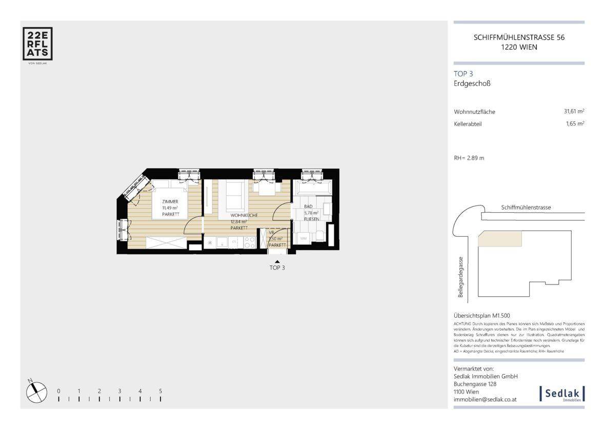 Grundrissplan einer Wohnung im Erdgeschoss mit zwei Zimmern und Bad.