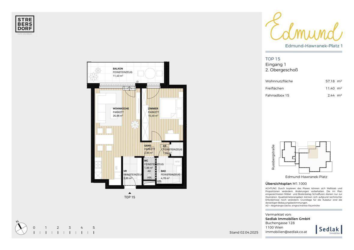 Grundriss einer Wohnung mit offener Wohnküche, einem Schlafzimmer, Bad, separatem WC und Balkon.