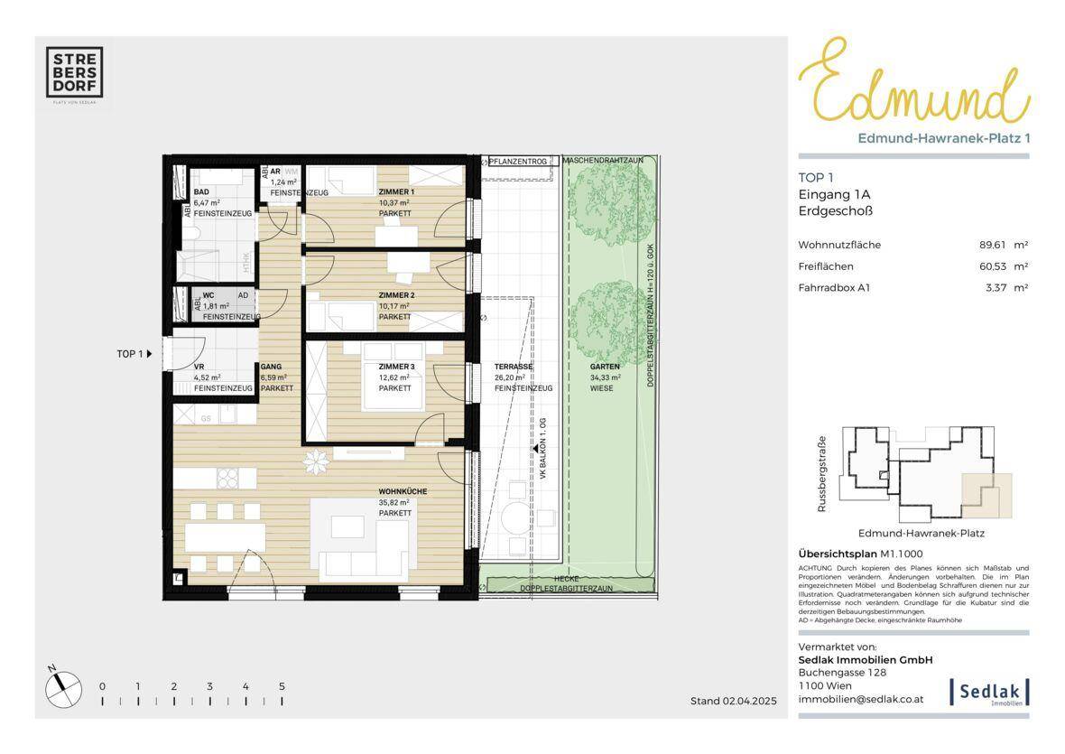 Grundriss einer Erdgeschosswohnung mit Terrasse, Garten und drei Zimmern.