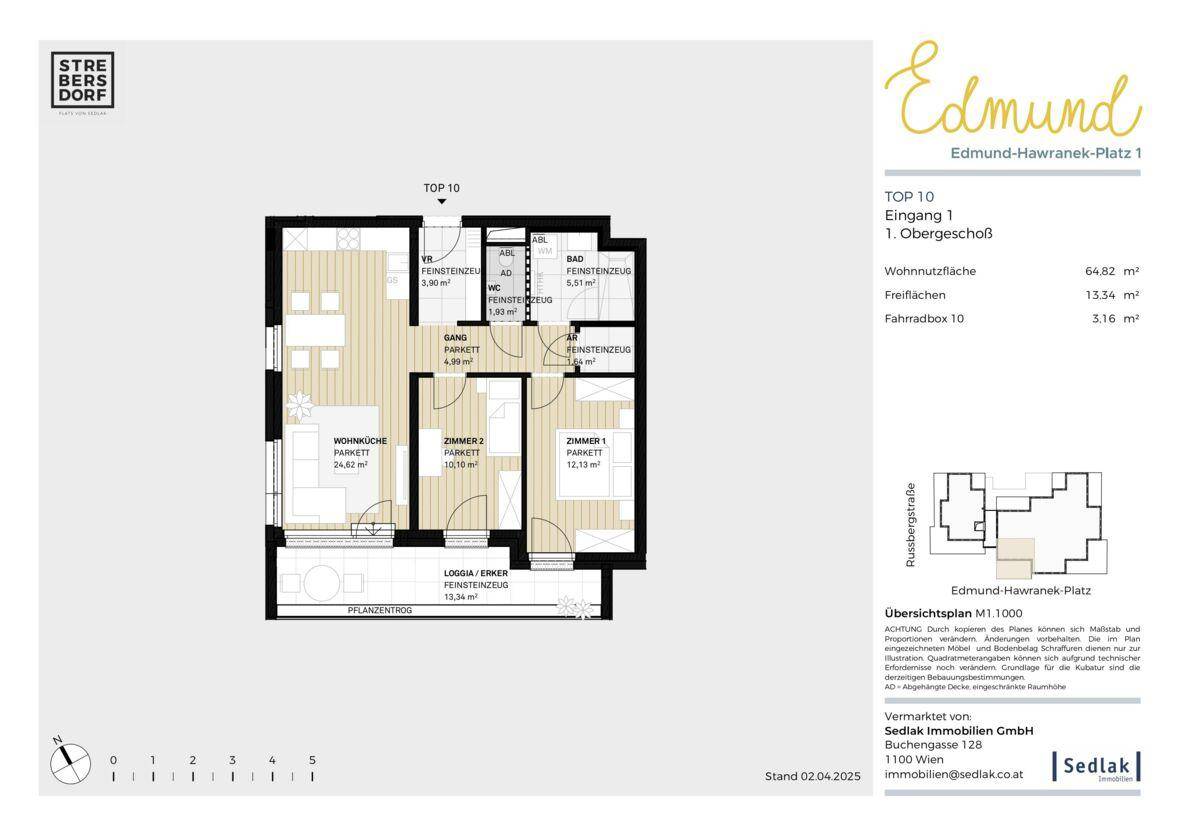 Grundrissplan einer Wohnung mit Wohnküche, zwei Zimmern und Loggia im ersten Obergeschoss.