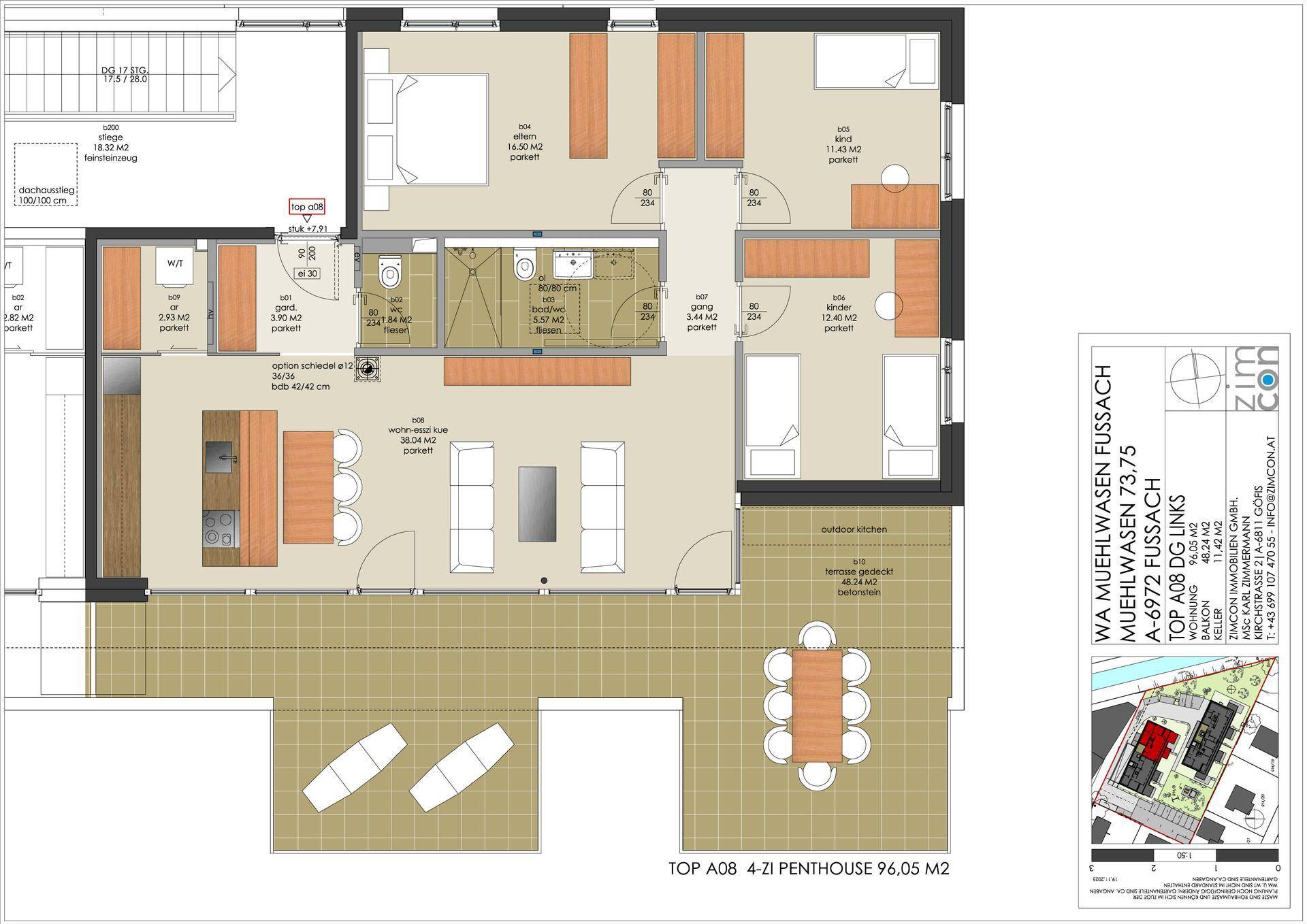 Detaillierter Grundriss einer Penthouse-Wohnung mit drei Schlafzimmern und großer Terrasse.