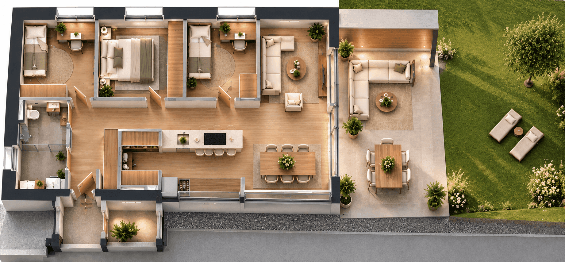 Moderner Grundriss mit offenem Wohnbereich, drei Schlafzimmern, großer Terrasse und Garten.