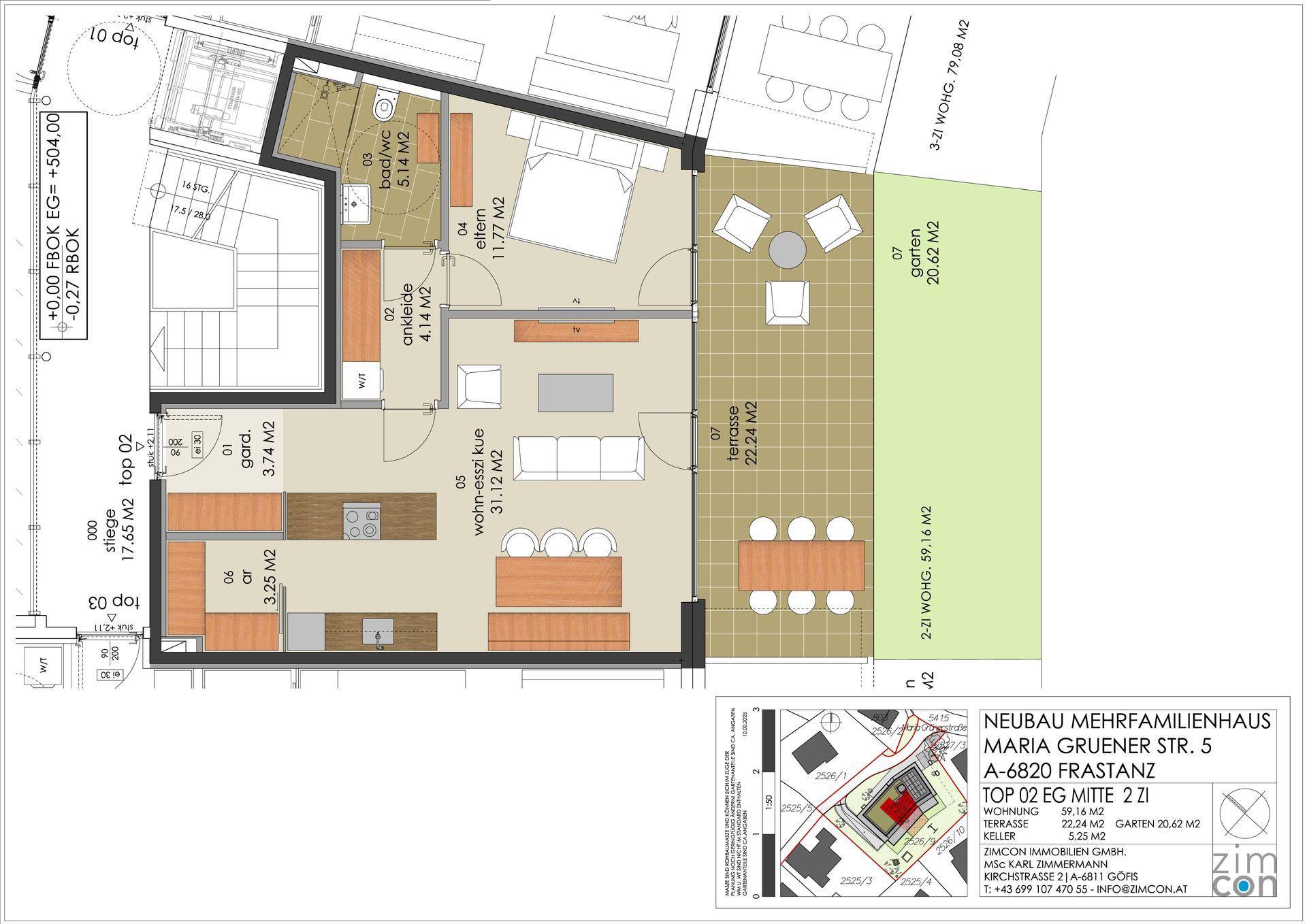 Grundriss einer Wohnung mit offenem Wohn-Essbereich, Schlafzimmer, Bad, Ankleide, Terrasse und Garten.