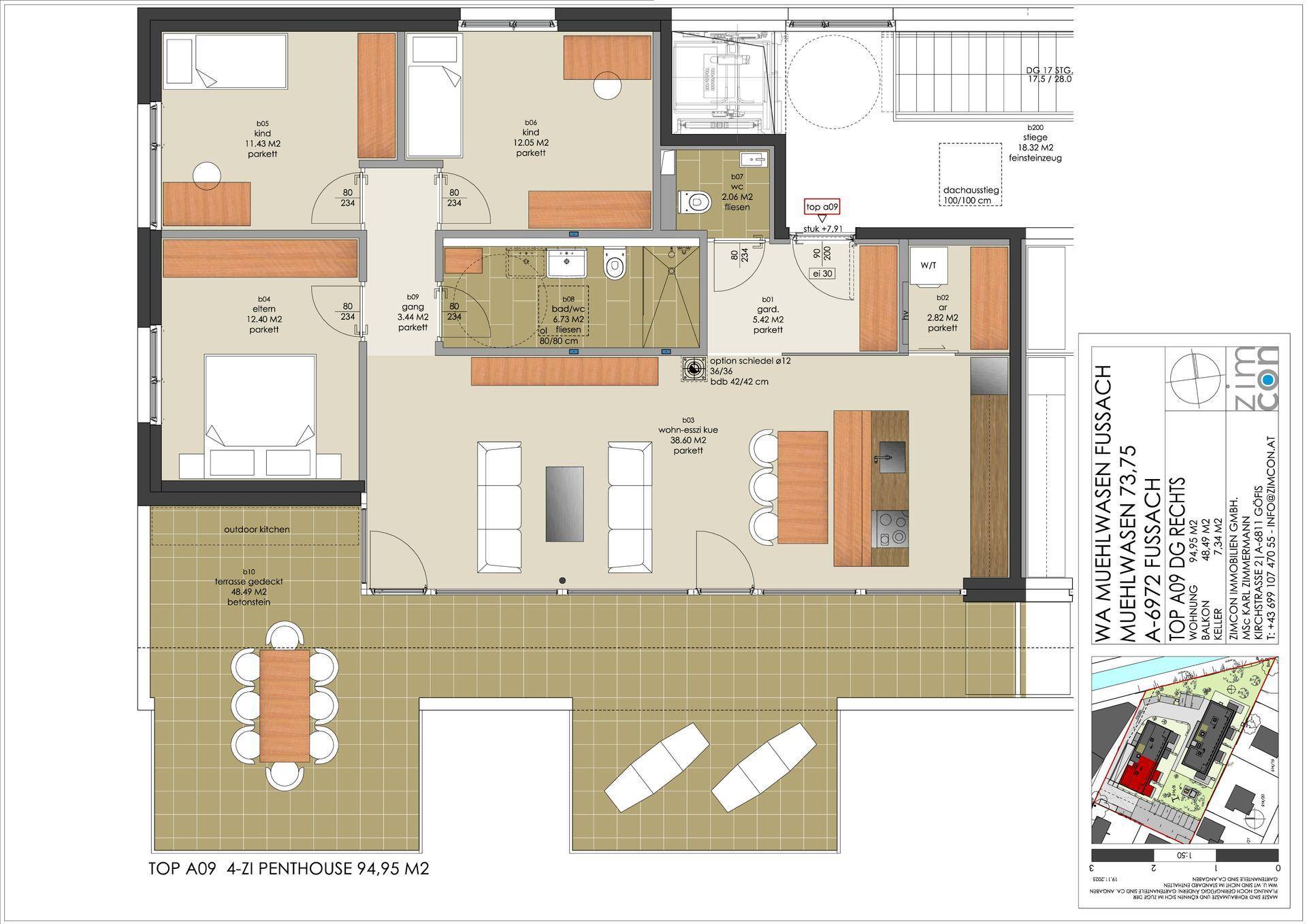 Detaillierter Grundriss einer Penthouse-Wohnung mit großer Terrasse und mehreren Zimmern.