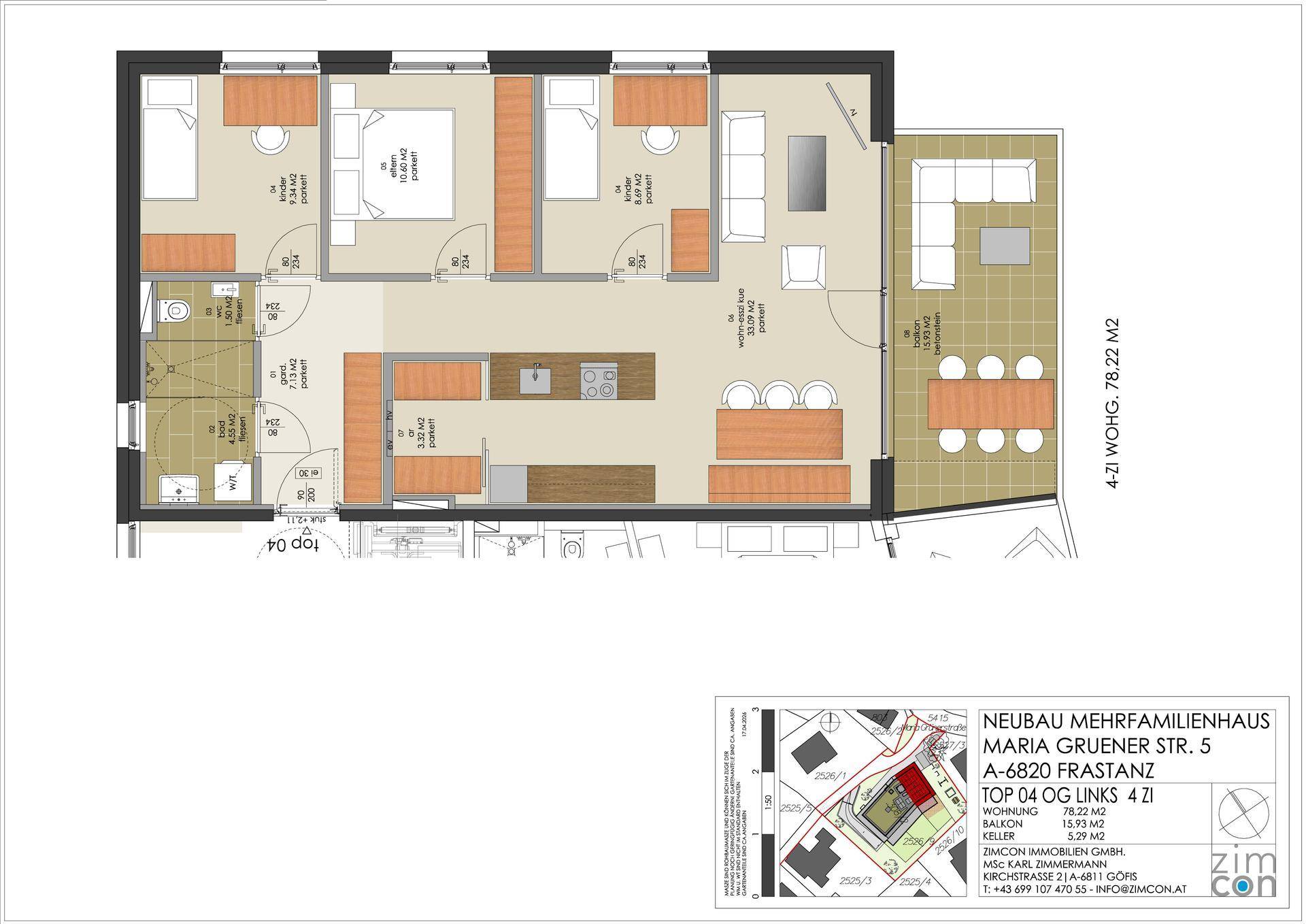 Grundriss einer 4-Zimmer-Wohnung mit offener Küche, drei Schlafzimmern, zwei Bädern und einer Terrasse.