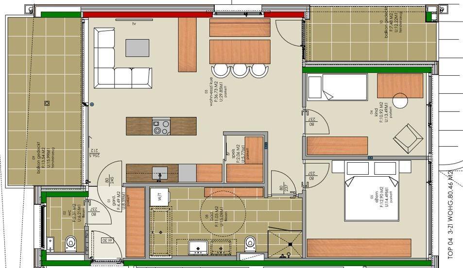 Grundriss einer modernen Wohnung mit offenem Wohnbereich, zwei Schlafzimmern und zwei Balkonen.