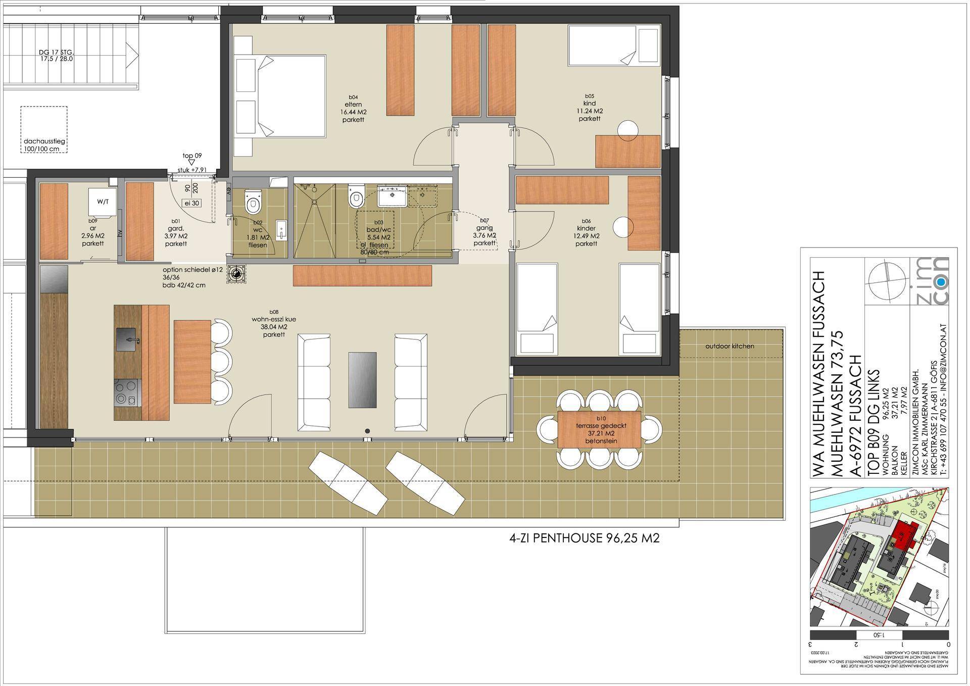 Detaillierter Grundriss einer Penthouse-Wohnung mit drei Schlafzimmern, offenem Wohnbereich und großer Terrasse.