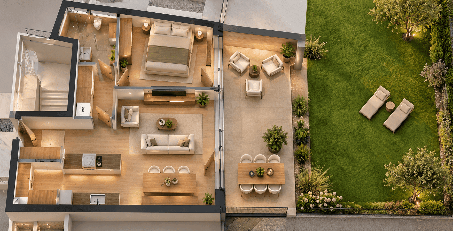 Detaillierter 3D-Grundriss mit offenem Wohnbereich, Schlafzimmer, Bad, großer Terrasse und Garten.