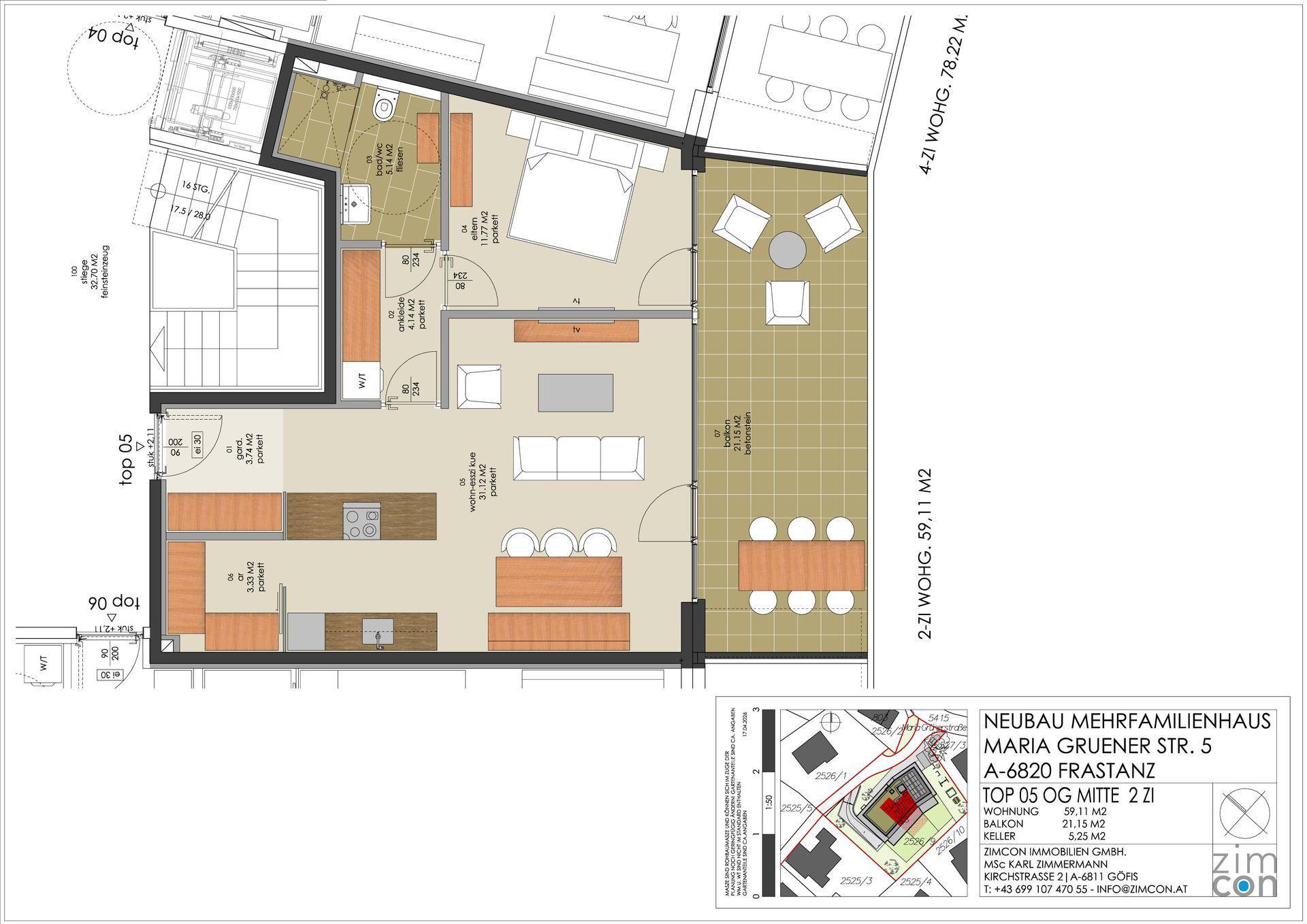 Detaillierter Grundriss einer Wohnung mit offenem Wohnbereich, Schlafzimmer und Balkon.