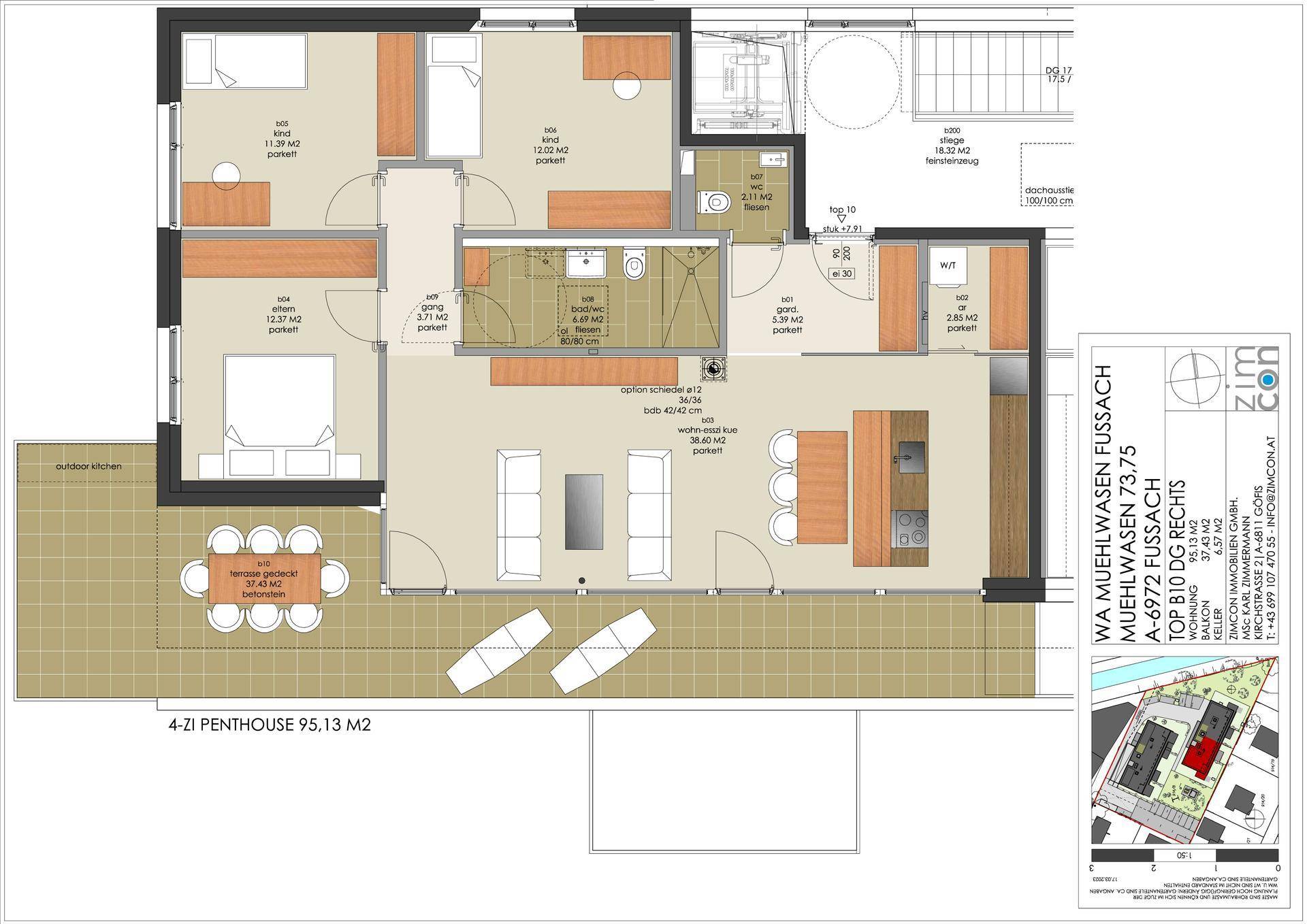 Detaillierter Grundriss einer Penthouse-Wohnung mit großer Terrasse und offenem Wohnbereich.
