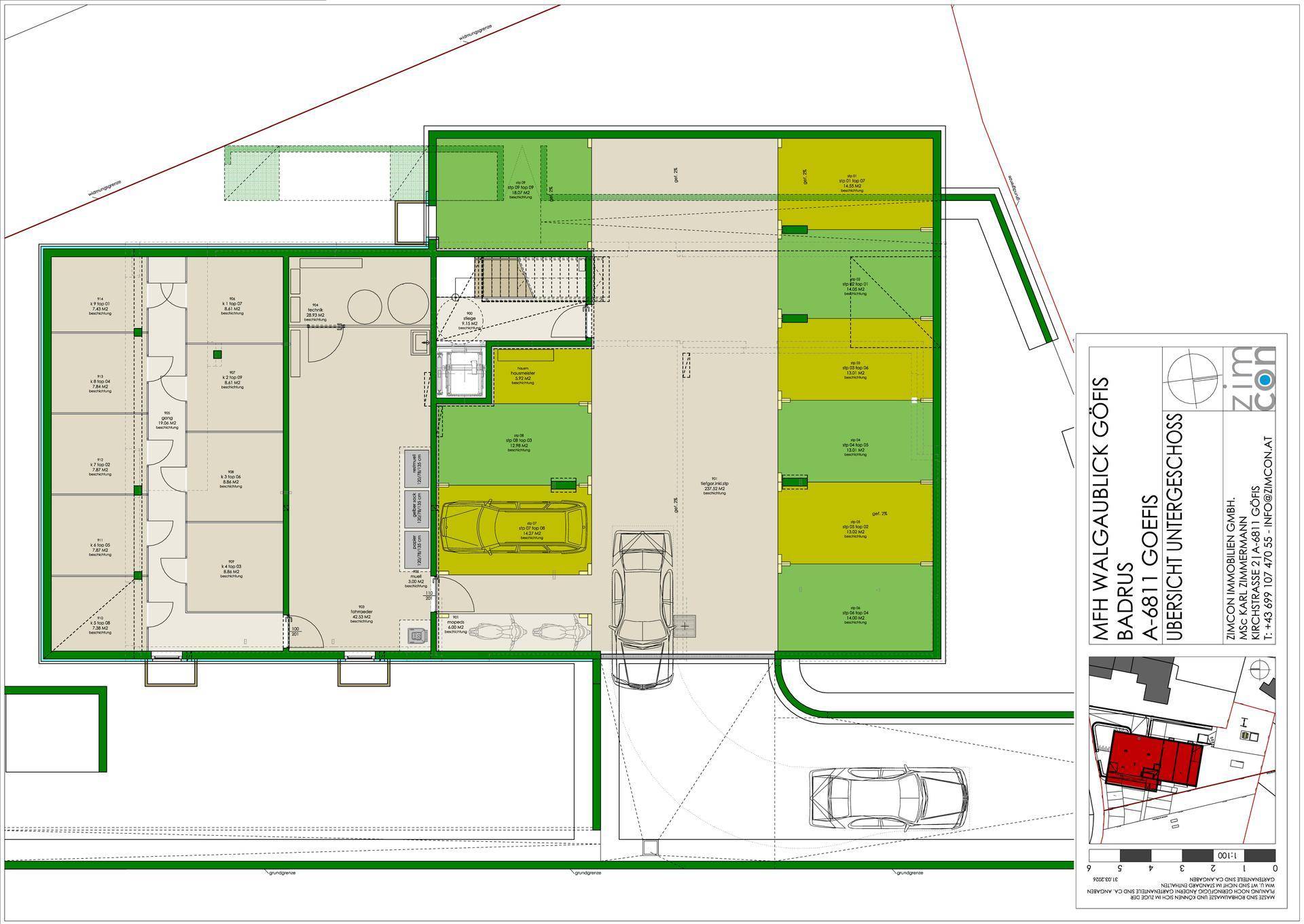 Grundriss des Untergeschosses mit Tiefgarage, Kellerräumen und Fahrradabstellplatz.
