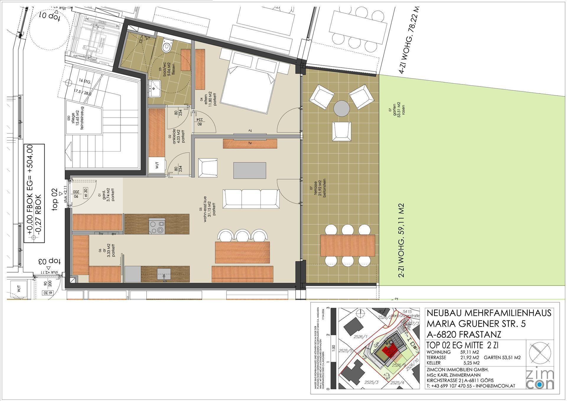 Grundriss einer Wohnung mit offenem Wohn-Essbereich, Schlafzimmer, Bad, separatem WC und großer Terrasse mit Gartenanteil.