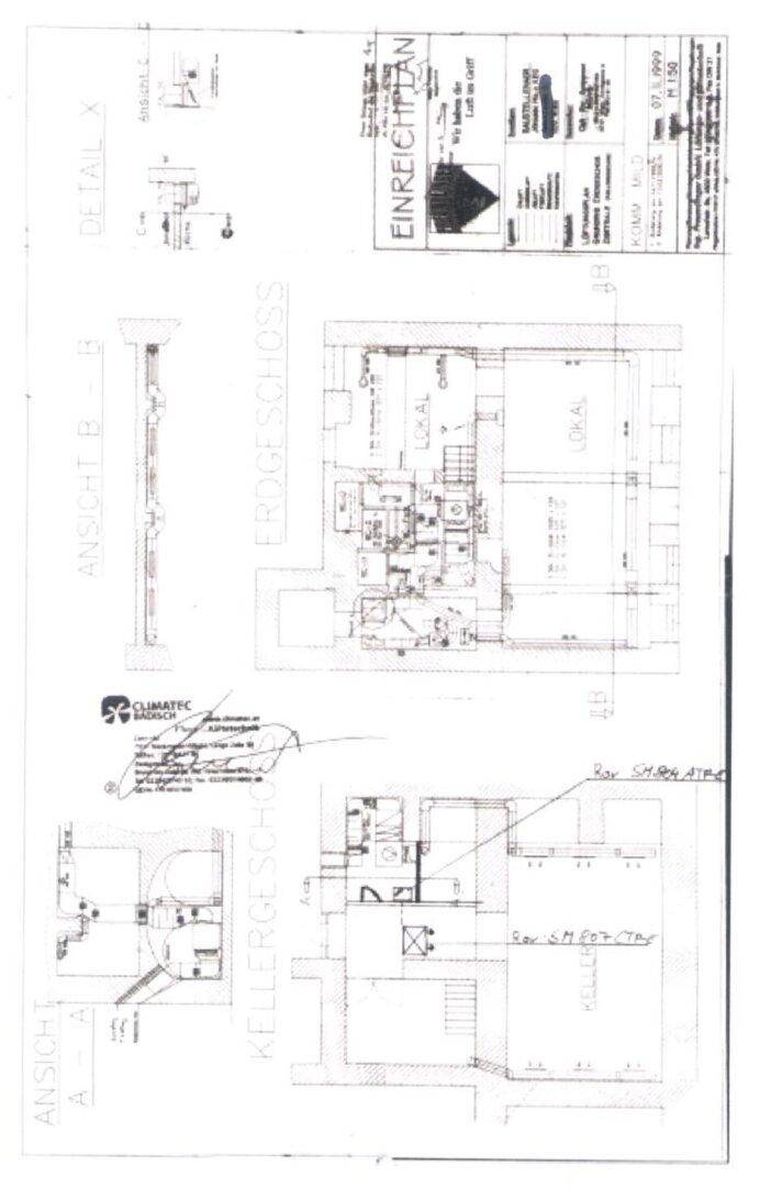 Umfassender Einreichplan mit Grundrissen für Keller- und Erdgeschoss sowie verschiedenen Detailansichten des Gebäudes.