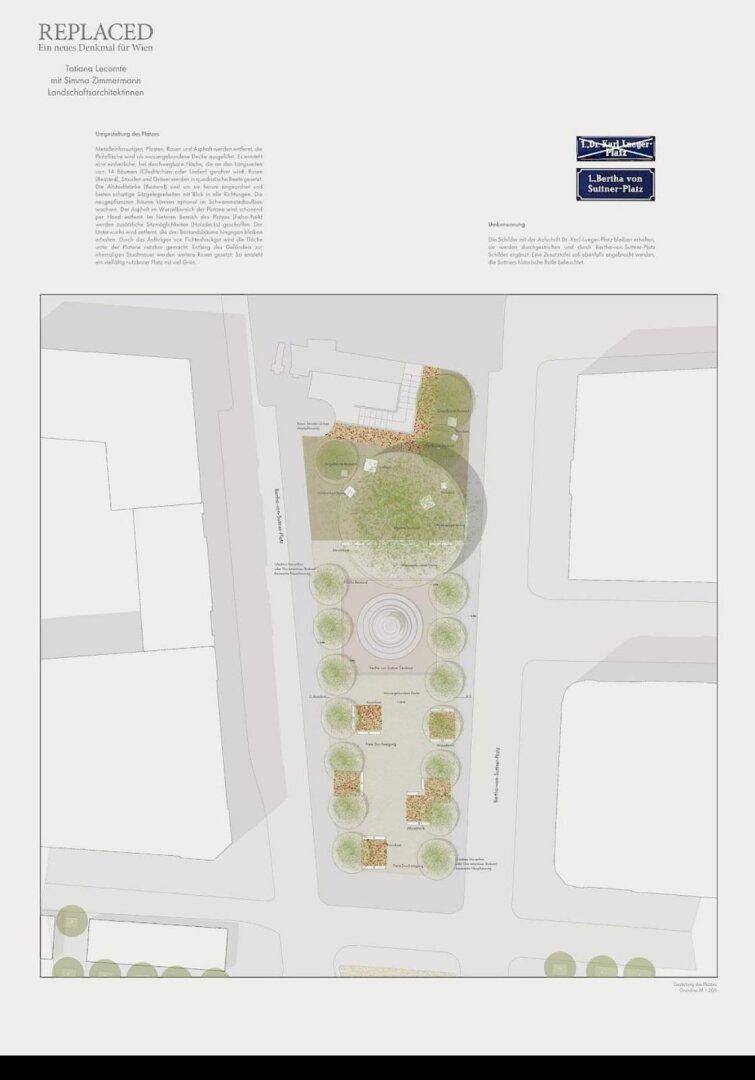 Detaillierter Landschaftsplan eines Platzes mit Grünflächen, Wegen und Baumbepflanzung.