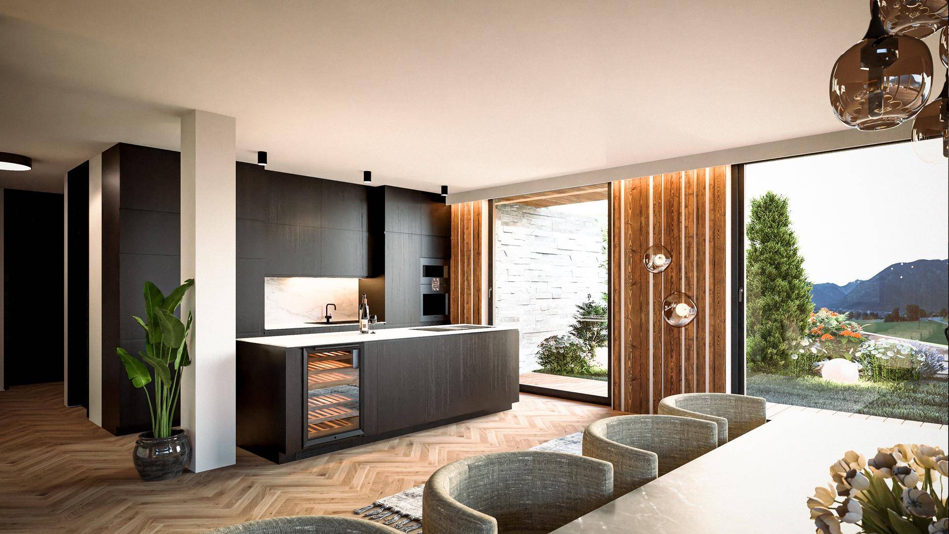 Moderne offene Küche mit Kücheninsel, Weinkühler und Essbereich mit Blick ins Grüne.