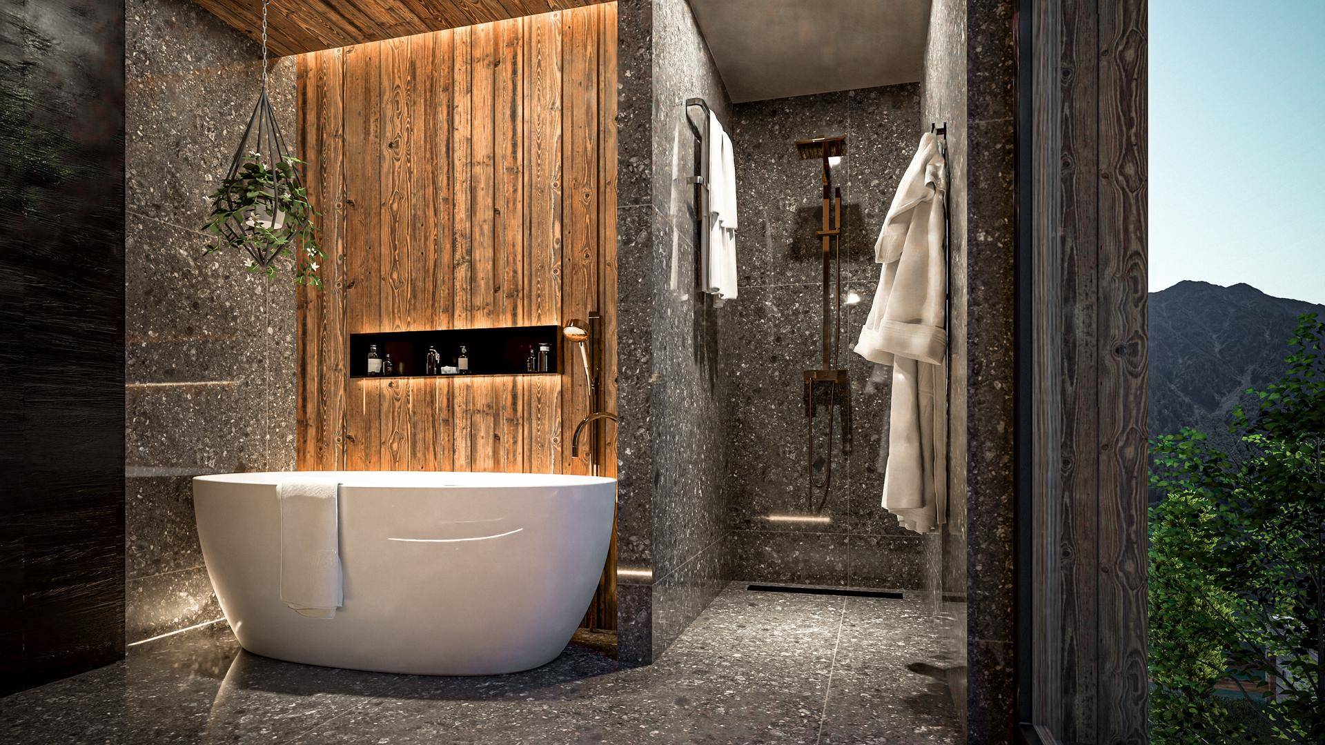 Modernes Badezimmer mit freistehender Badewanne, begehbarer Dusche und Holzwandakzenten.