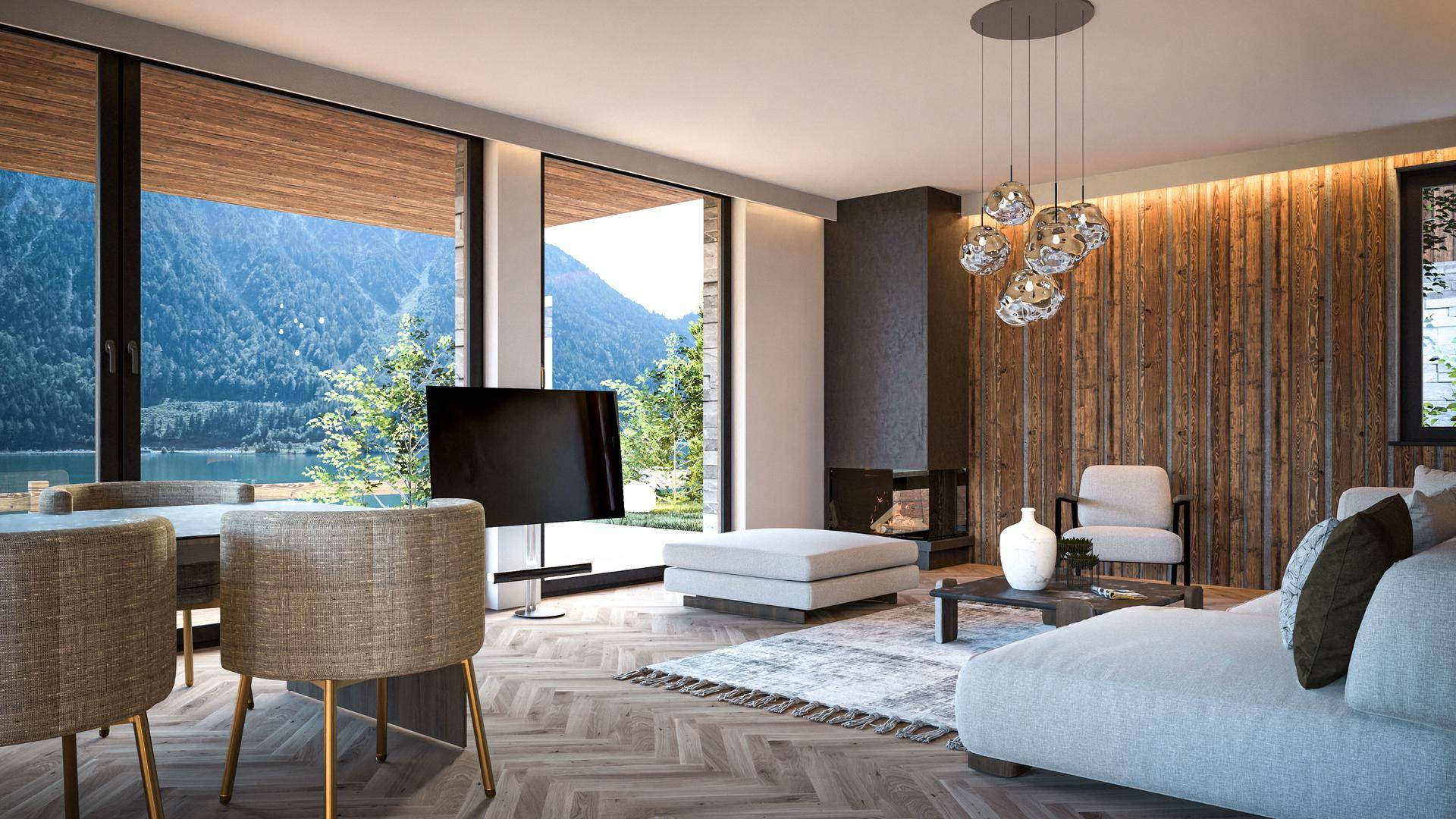 Helles Wohnzimmer mit großen Fenstern, Seeblick, modernem Kamin und stilvoller Einrichtung.