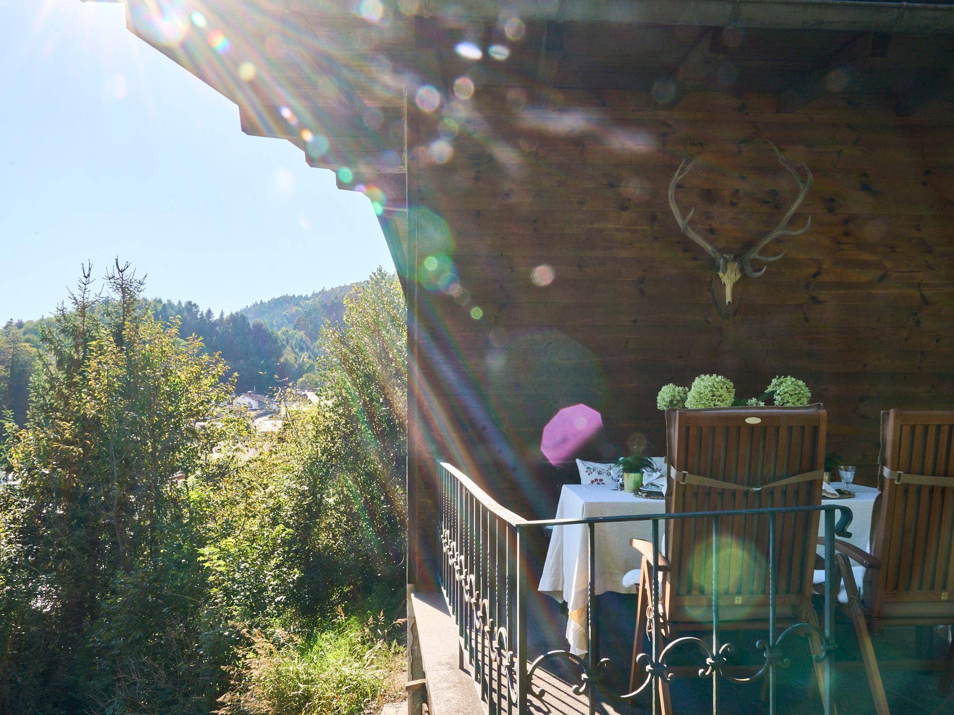 Sonniger Balkon mit gedecktem Tisch, Holzverkleidung und traditioneller Hirschgeweih-Dekoration.