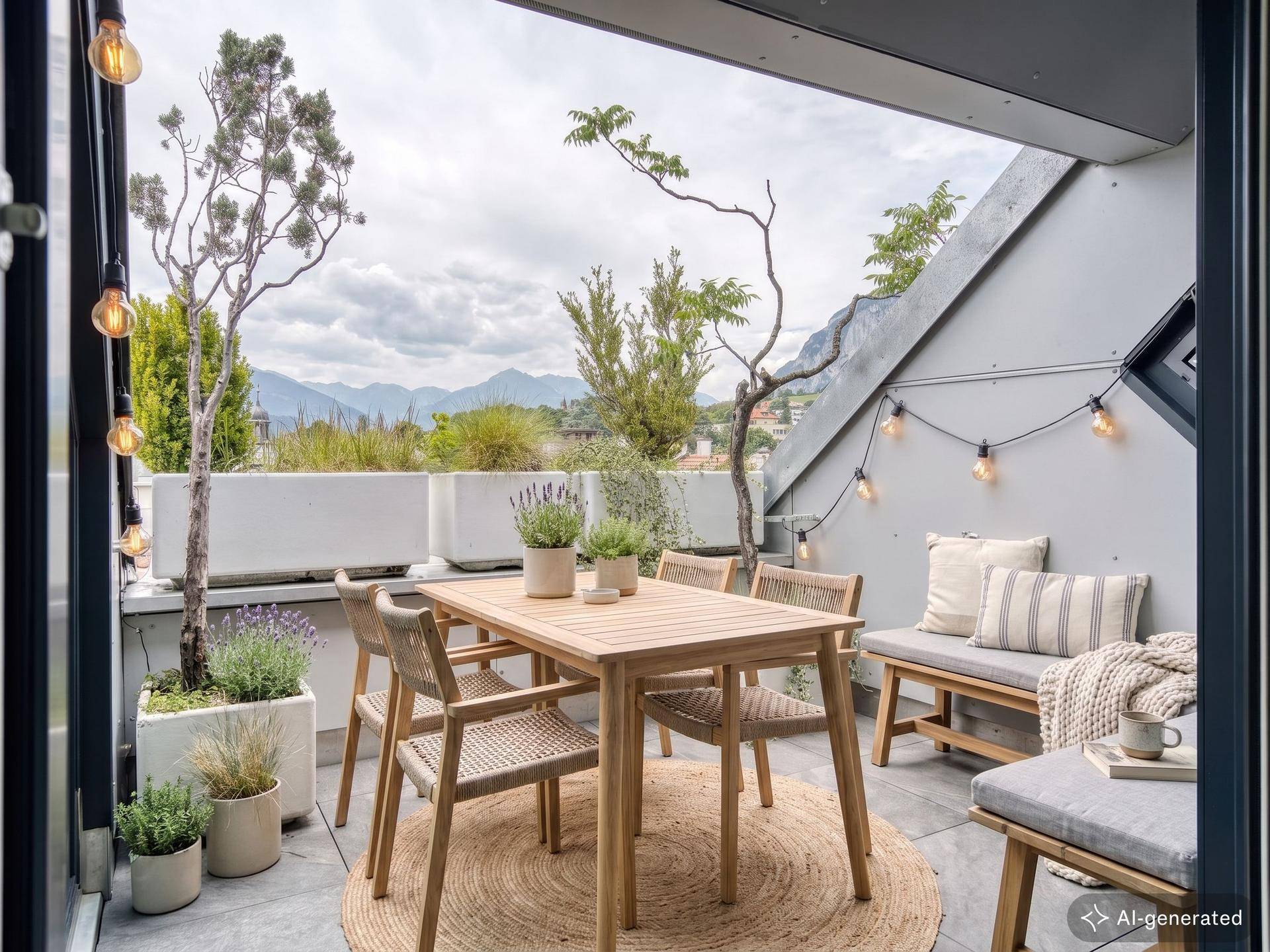 Gemütliche Dachterrasse mit Esstisch, Sitzbank und stimmungsvoller Lichterkette für entspannte Abende.