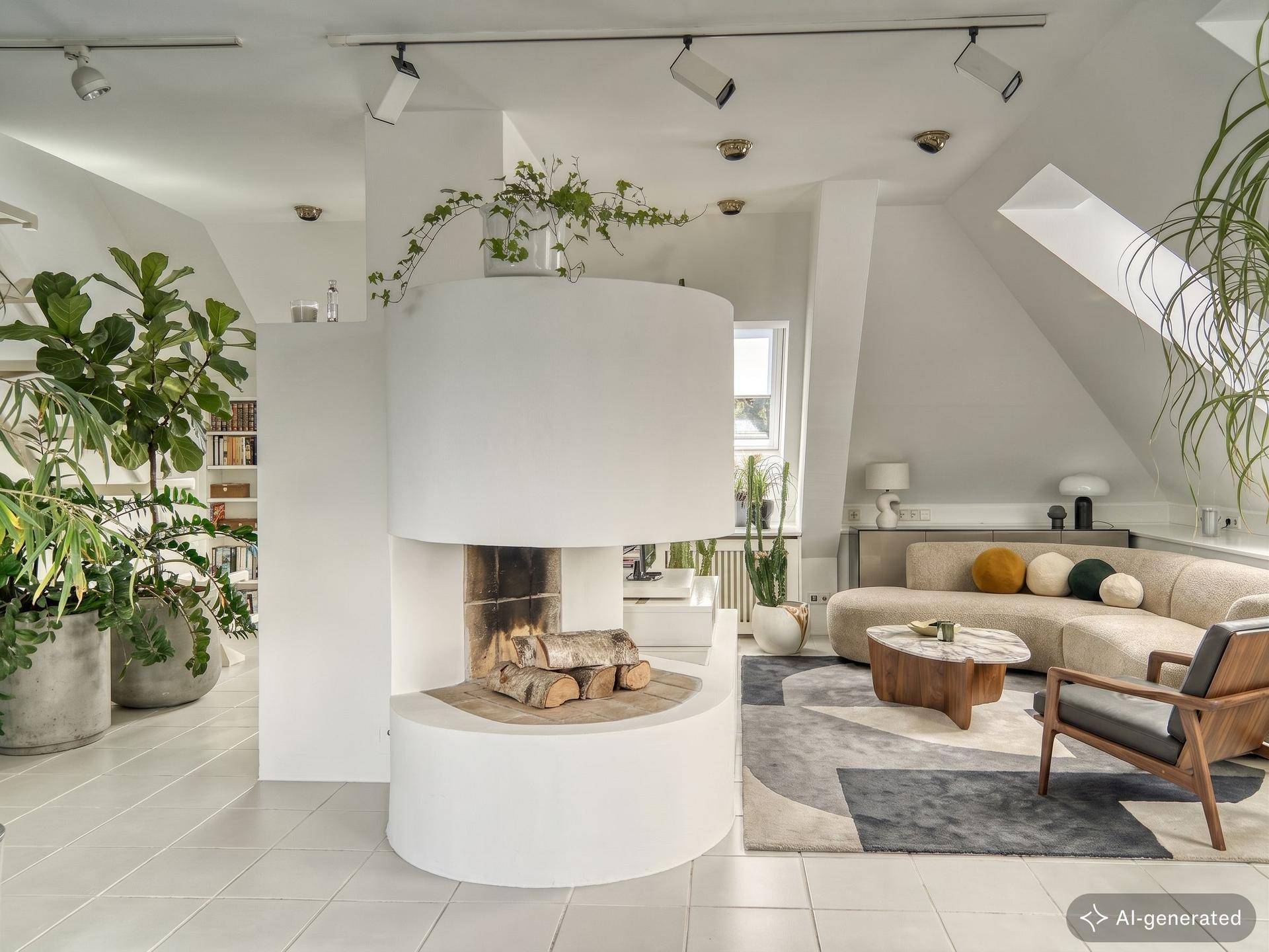 Geräumiges Wohnzimmer im Dachgeschoss mit modernem Kamin, Fliesenboden und vielen Grünpflanzen.