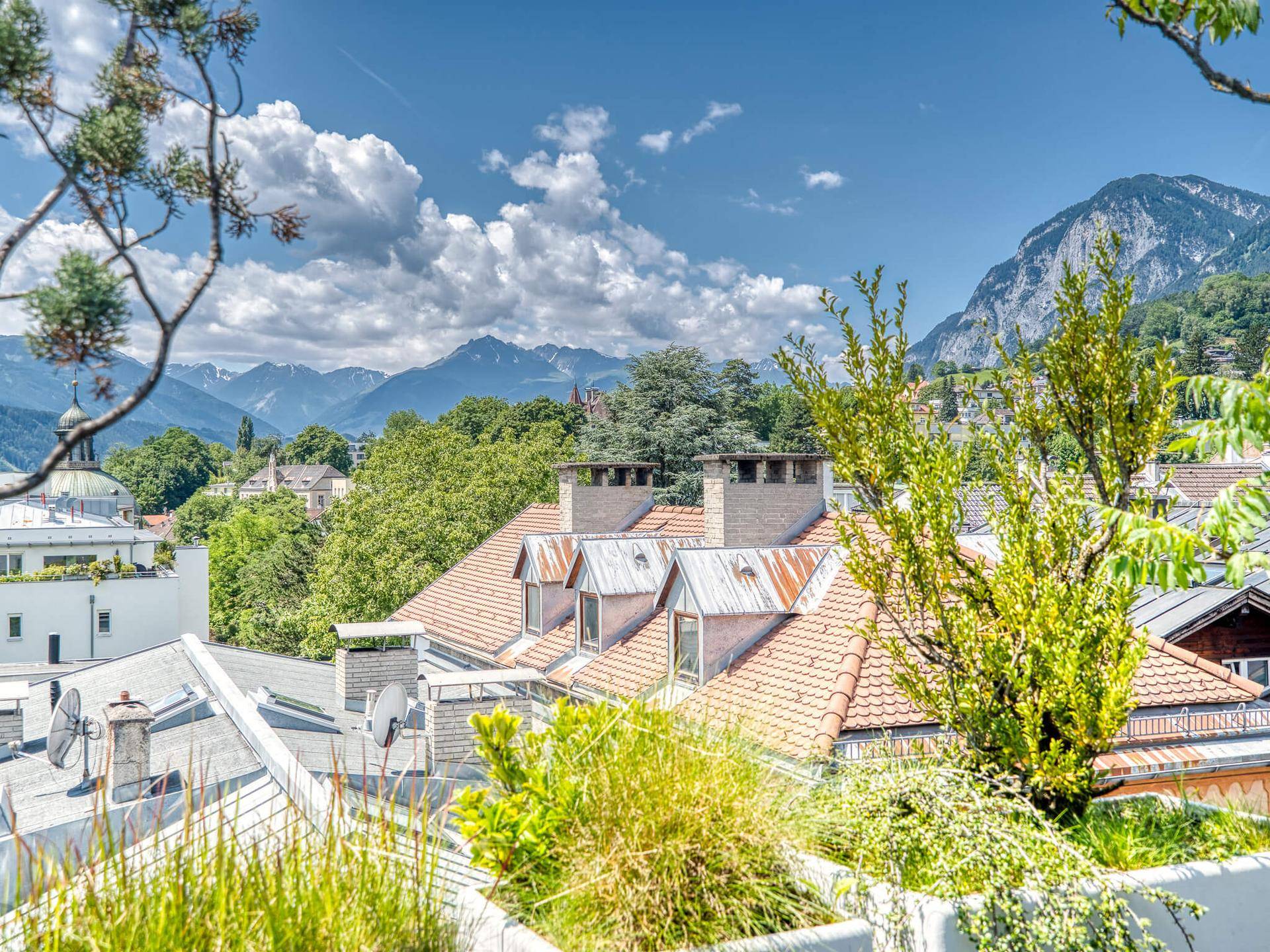 Panoramablick über die Dächer der Stadt mit grünen Bäumen und einer beeindruckenden Bergkulisse.