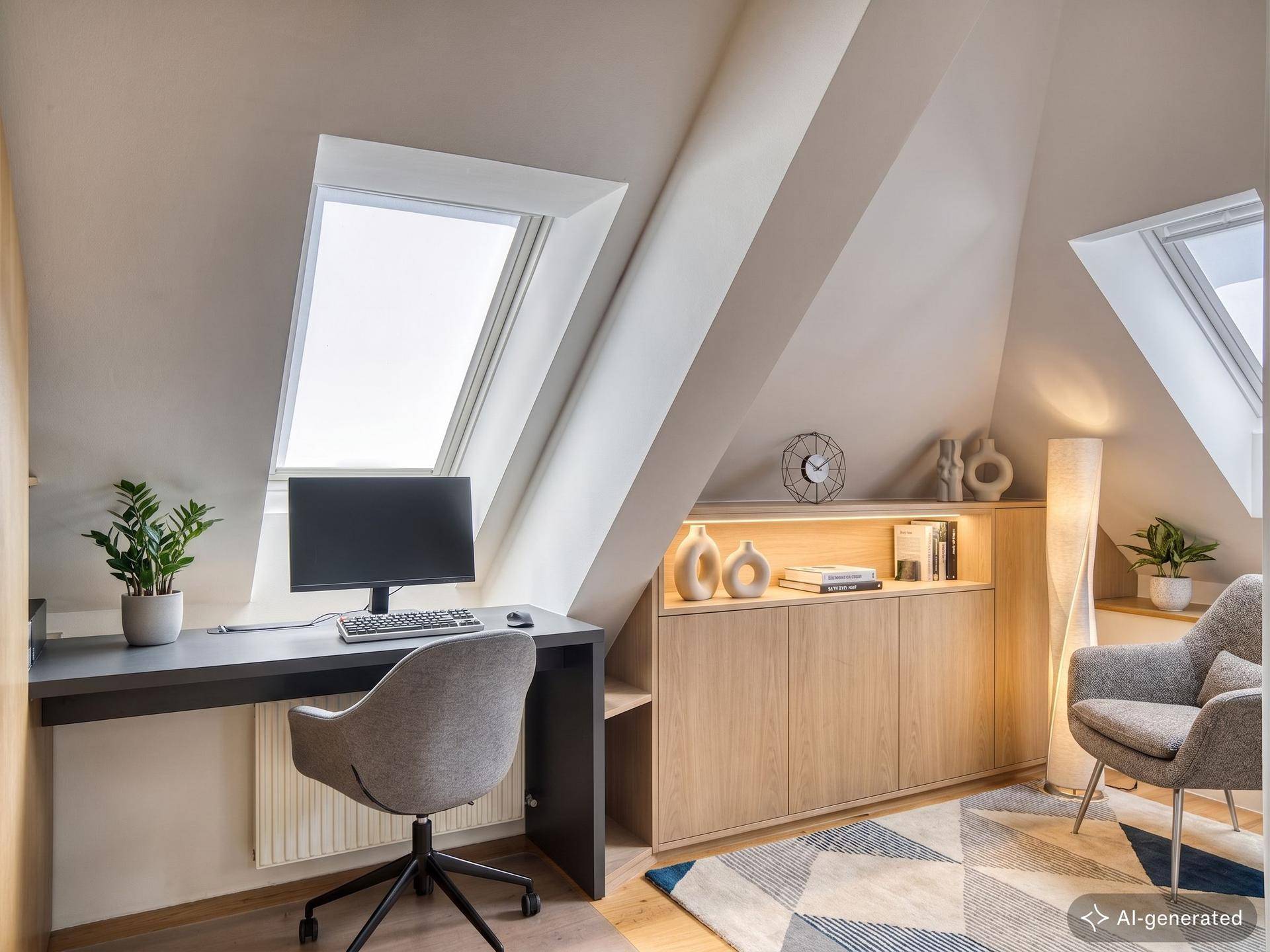 Modernes Arbeitszimmer im Dachgeschoss mit stilvoller Einrichtung, viel Tageslicht und praktischem Stauraum.