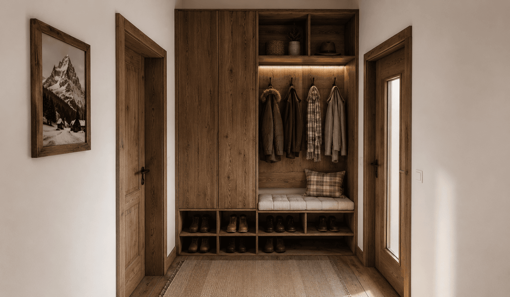 Eingangsbereich mit maßgefertigtem Holzschrank, integrierter Sitzbank und praktischem Schuhregal.