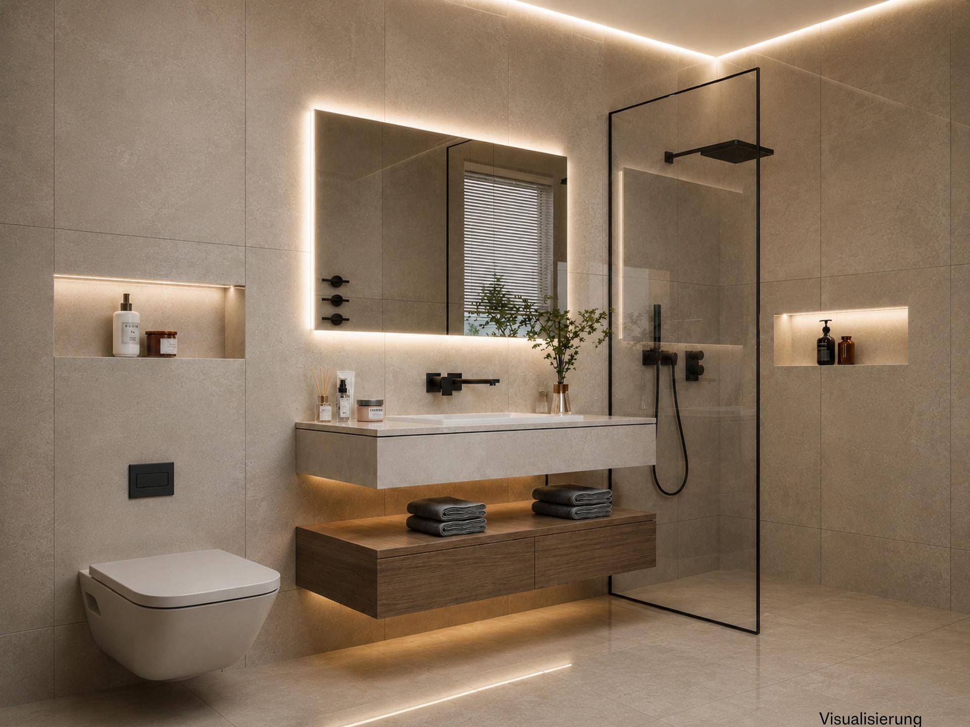 Modernes Badezimmer mit begehbarer Dusche, schwebendem Waschtisch und indirekter Beleuchtung.